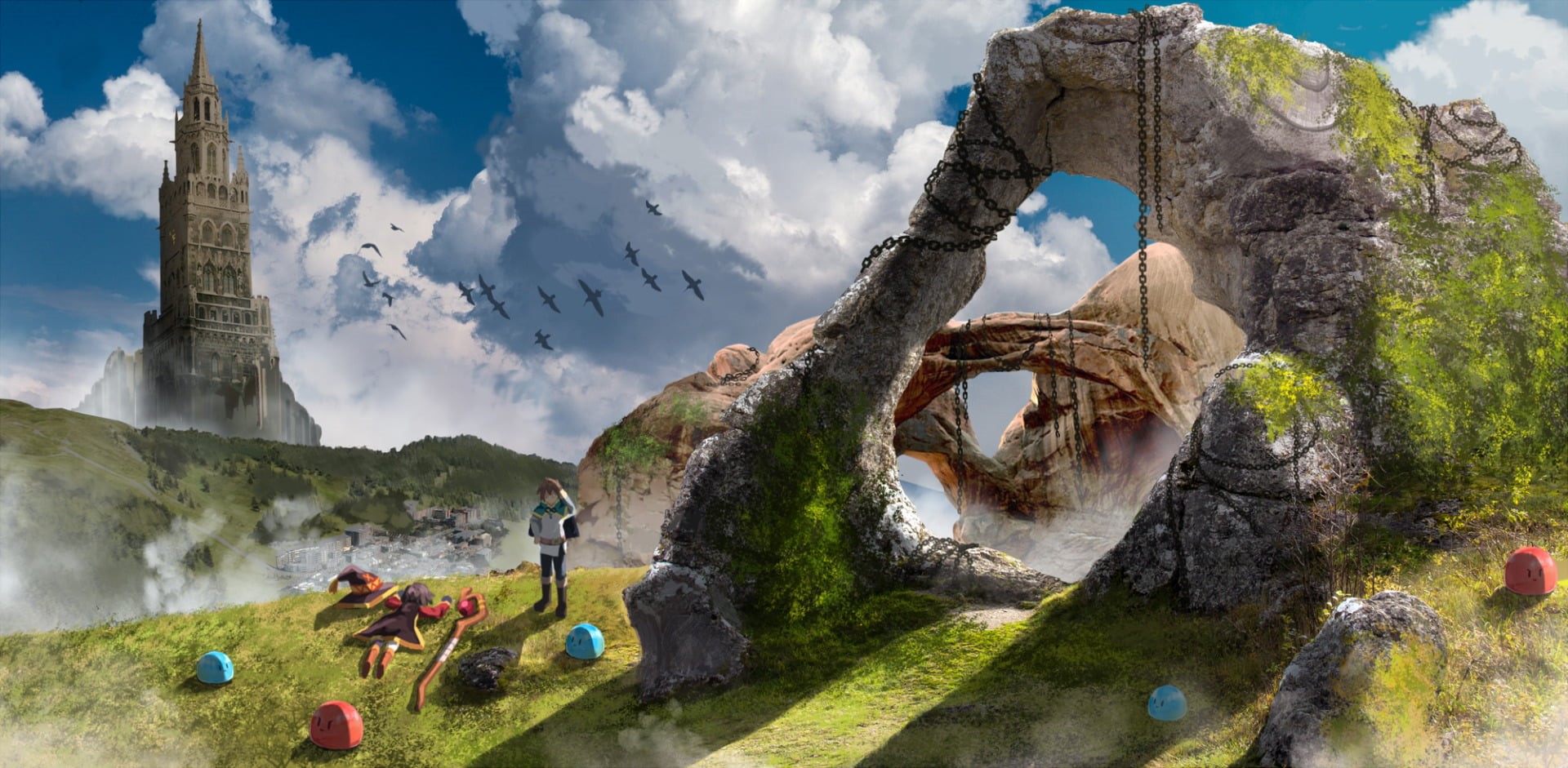 travel destinations, cloud - sky, rock formation, plant, built structure, day, rock - object, Anime, rock, sky, Megumin (KonoSuba), architecture, solid, HD Wallpaper