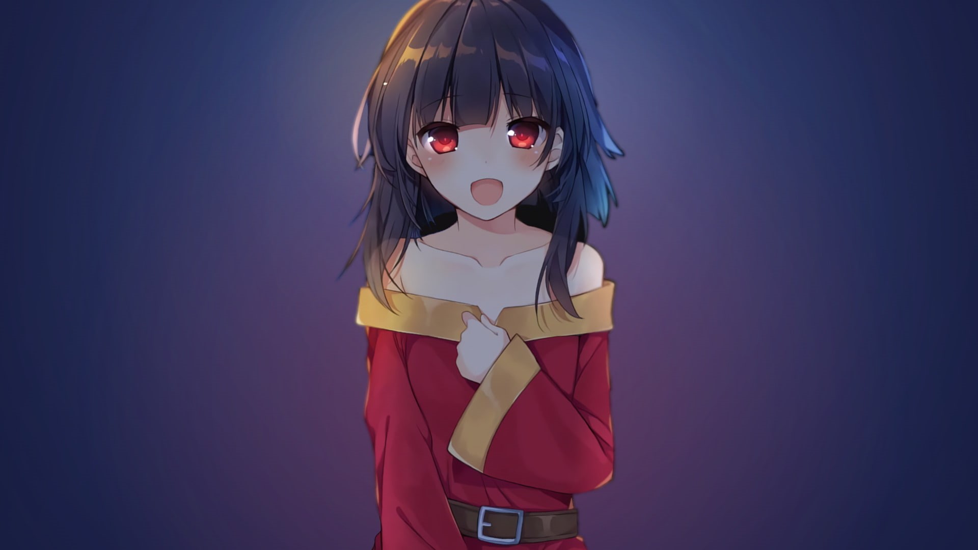 indoors, childhood, blue background, Megumin (KonoSuba), sunglasses, superhero, one person, hairstyle, colored background, looking at camera, women, studio shot, HD Wallpaper