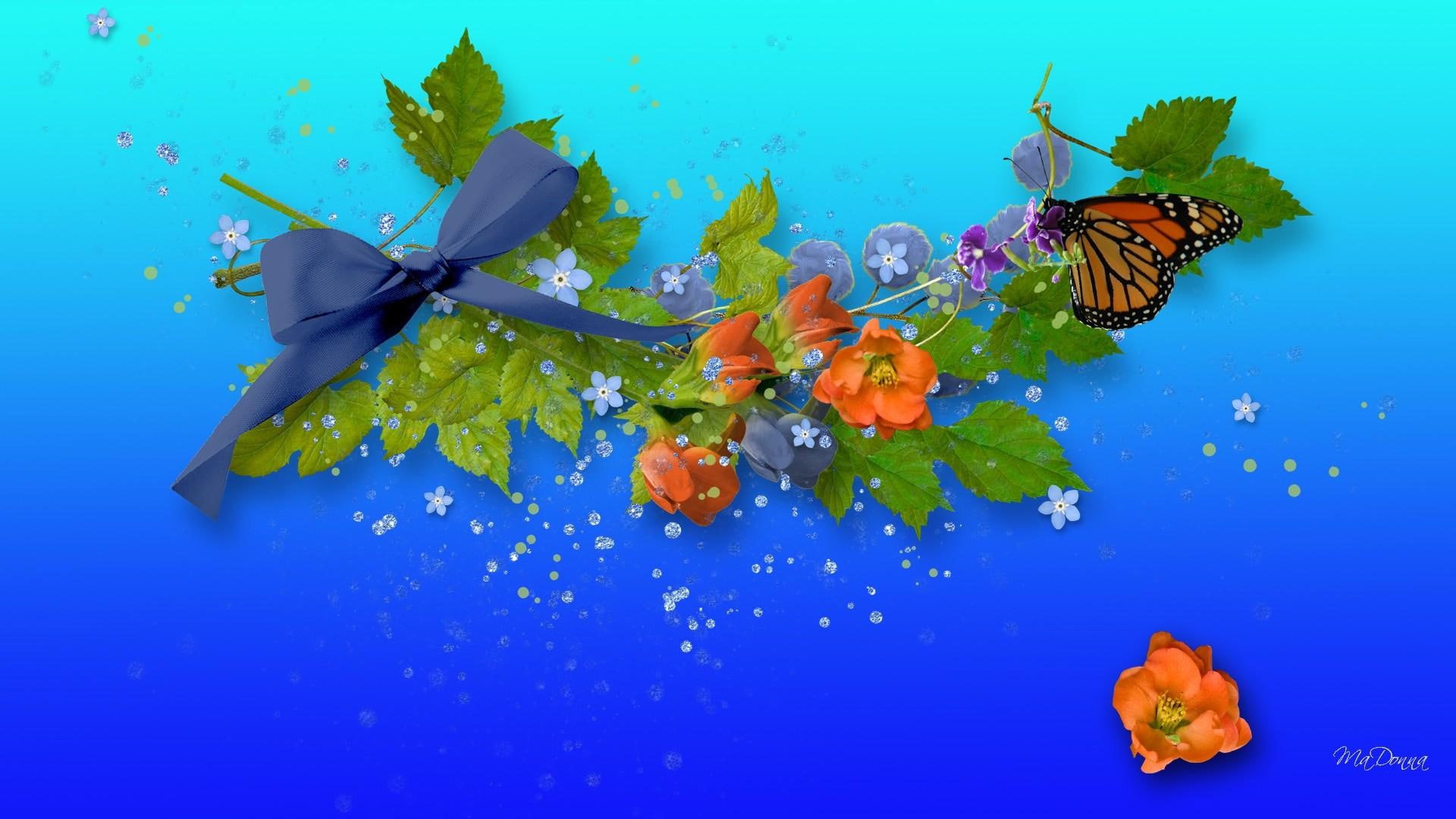 respect, bright, blossoms, ribbon, leaves, blue, butterfly, sprinkles, flowers, spring, papillon, 1080P, swag, HD Wallpaper