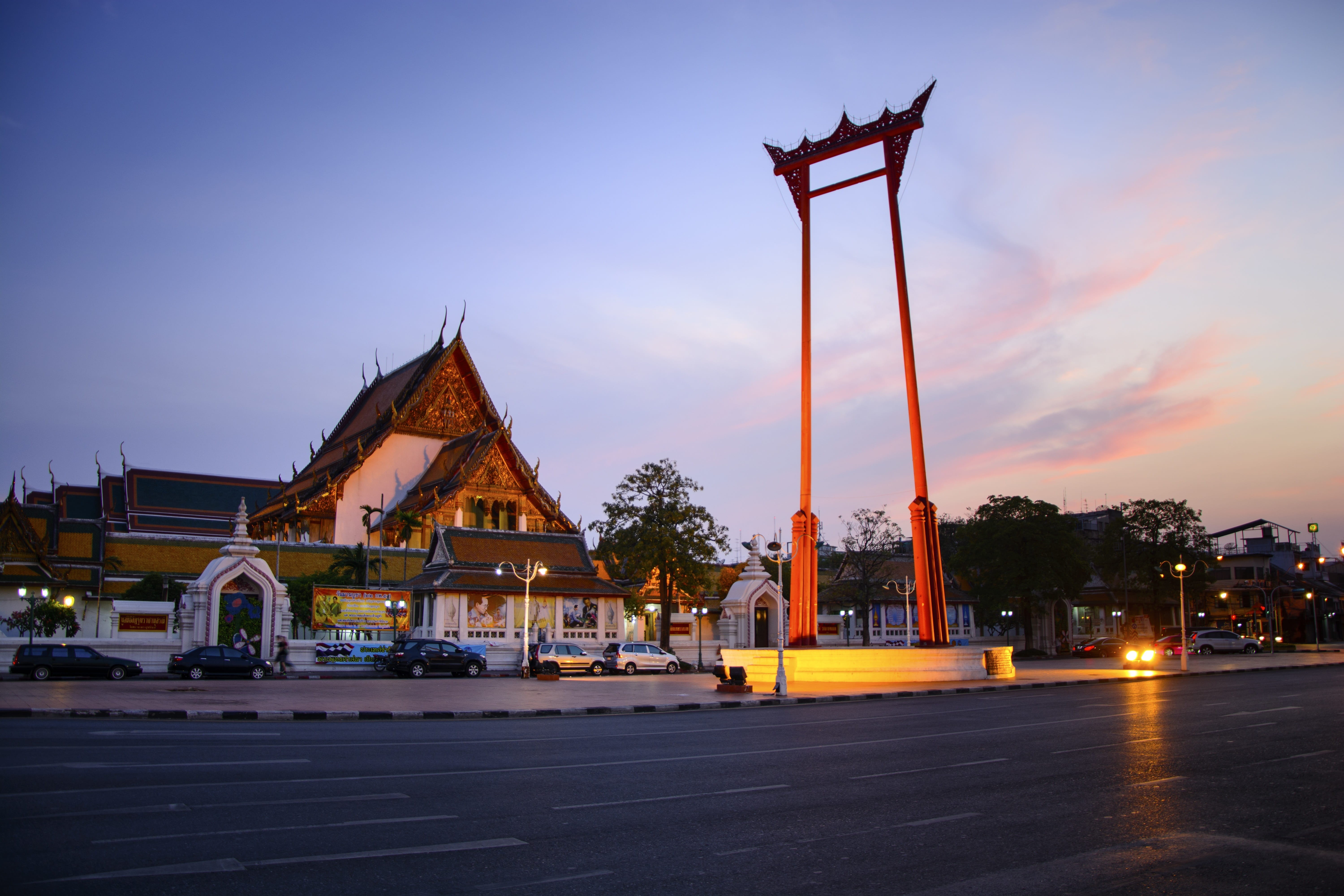 religion, giant swing, crafts, cloud - sky, the symbol, thailand temple, belief, nature, prosperity, sky, building, architecture, faith, transportation, HD Wallpaper