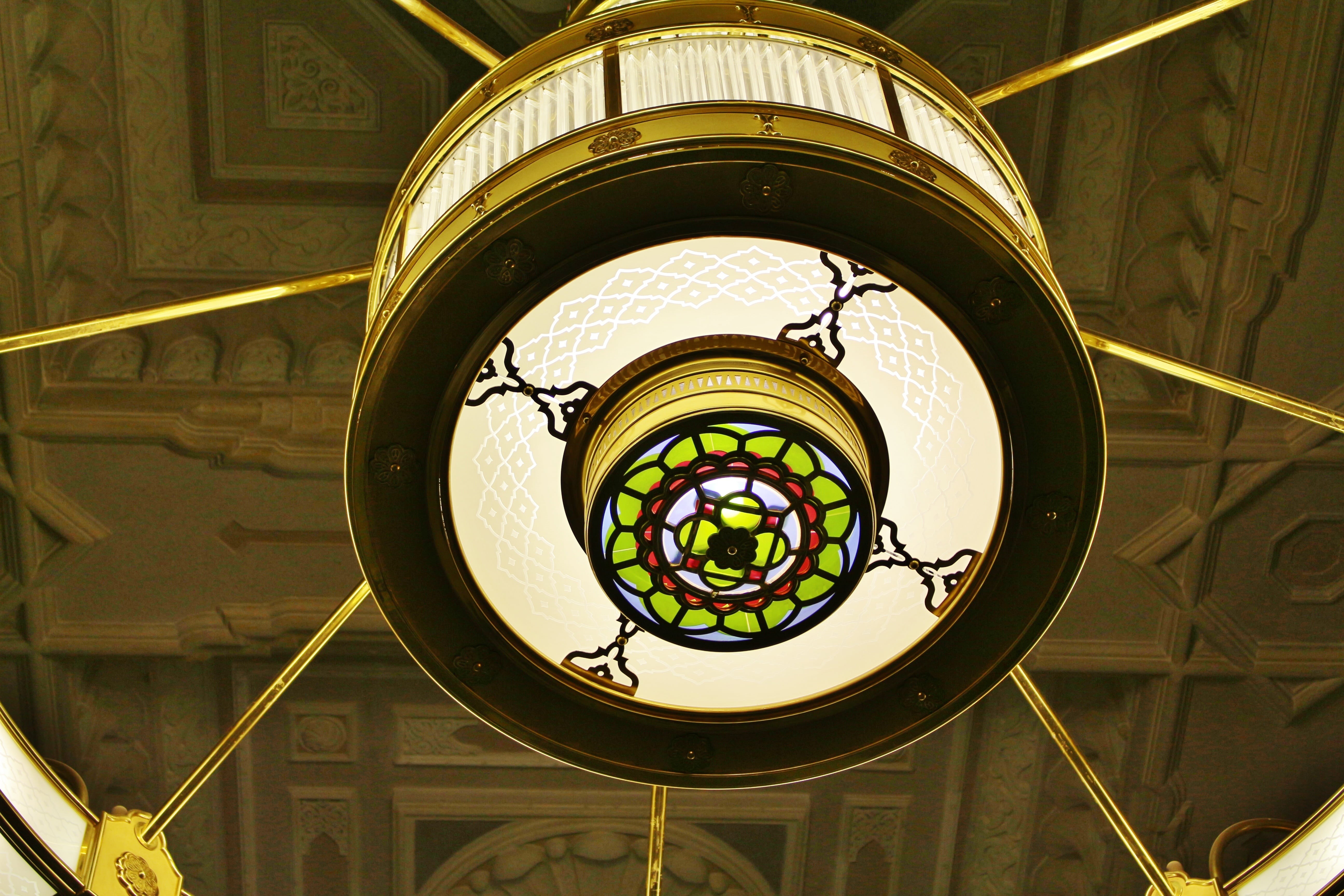 5K, architectural feature, wrought iron, window, geometric shape, pattern, islam, umrah, ornate, saudia arabia, ceiling, electric lamp, muslim, illuminated, HD Wallpaper