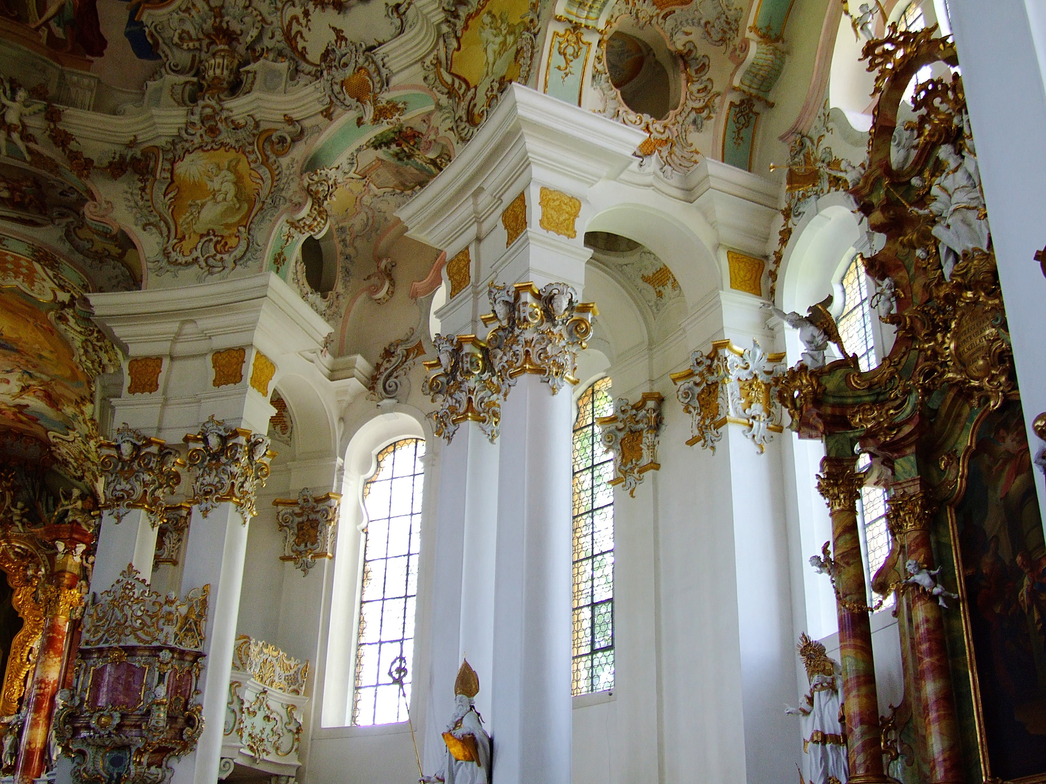 interior design, art, cathedral, rococo, candles, multicolored, no people, house of worship, indoors, ceiling, jesus, bavaria, window, 2K, the past, rococo church, HD Wallpaper