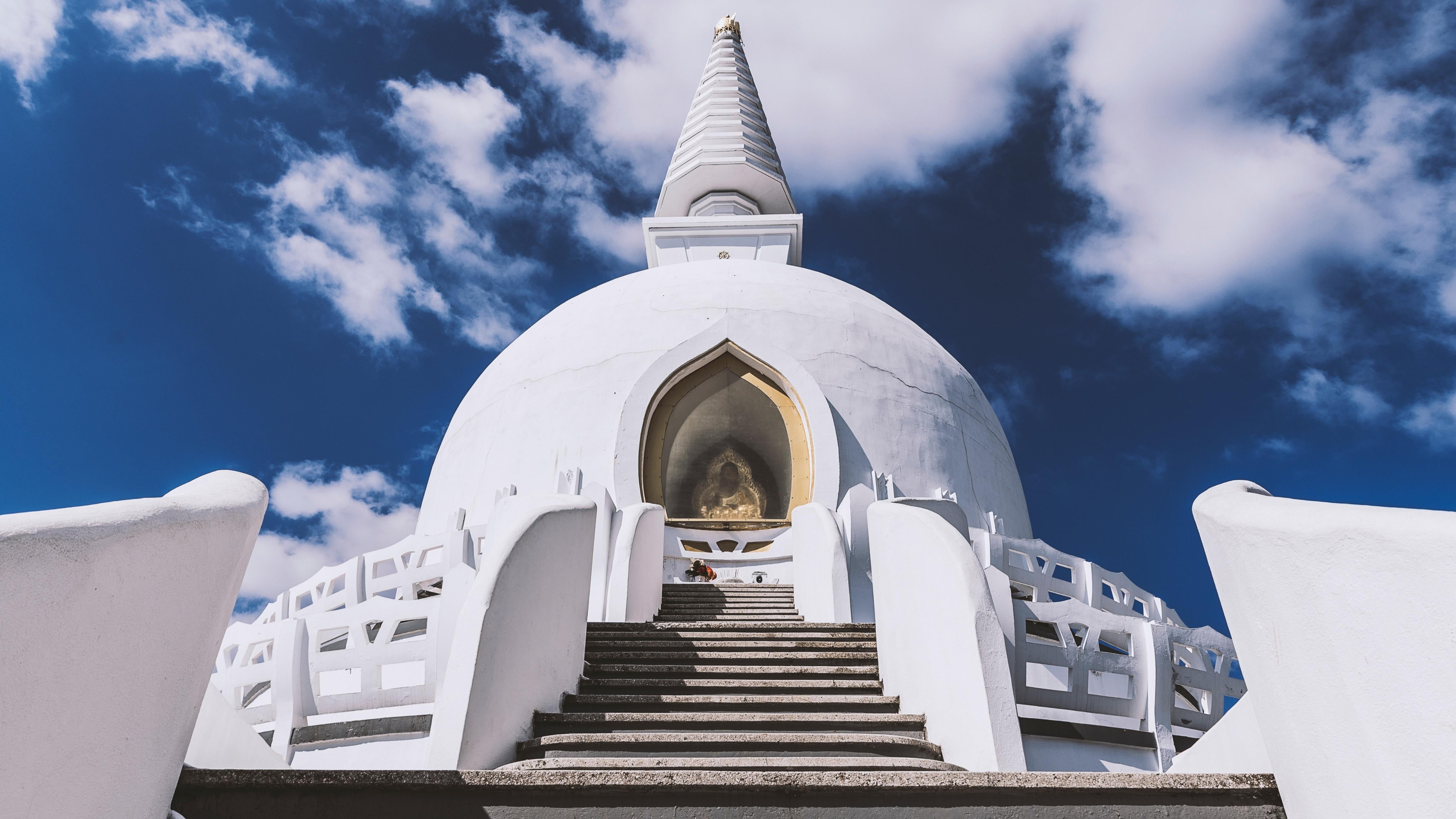 outdoors, buddhist, 5K, low angle view, cloud - sky, place of worship, building, concrete, pilgrimage, nature, white color, temple, belief, building exterior, HD Wallpaper