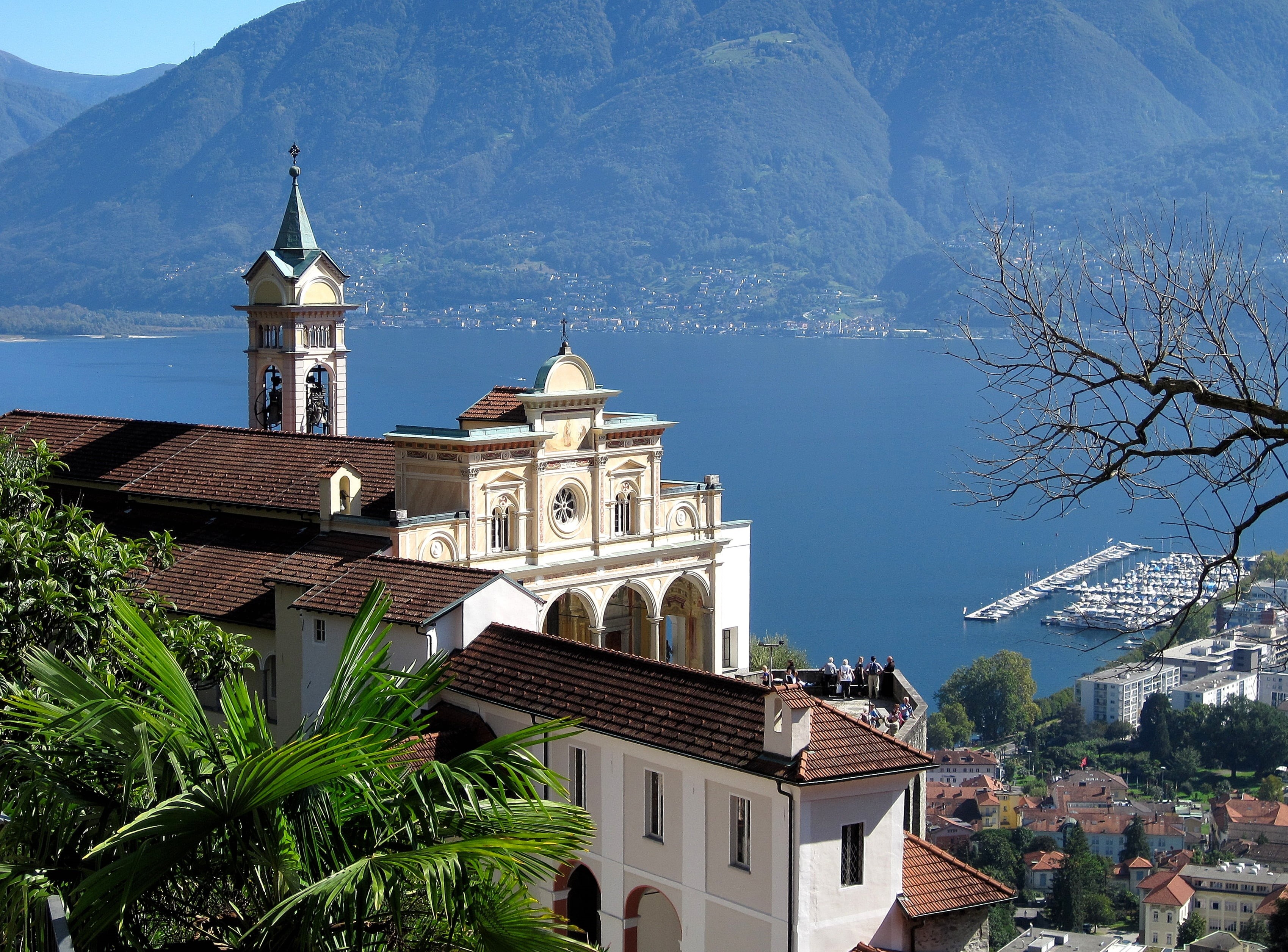plant, architecture, nature, mountain, belief, outdoors, steeple, church, built structure, 2K, roof, ticino, switzerland, spirituality, landscape, tower, HD Wallpaper
