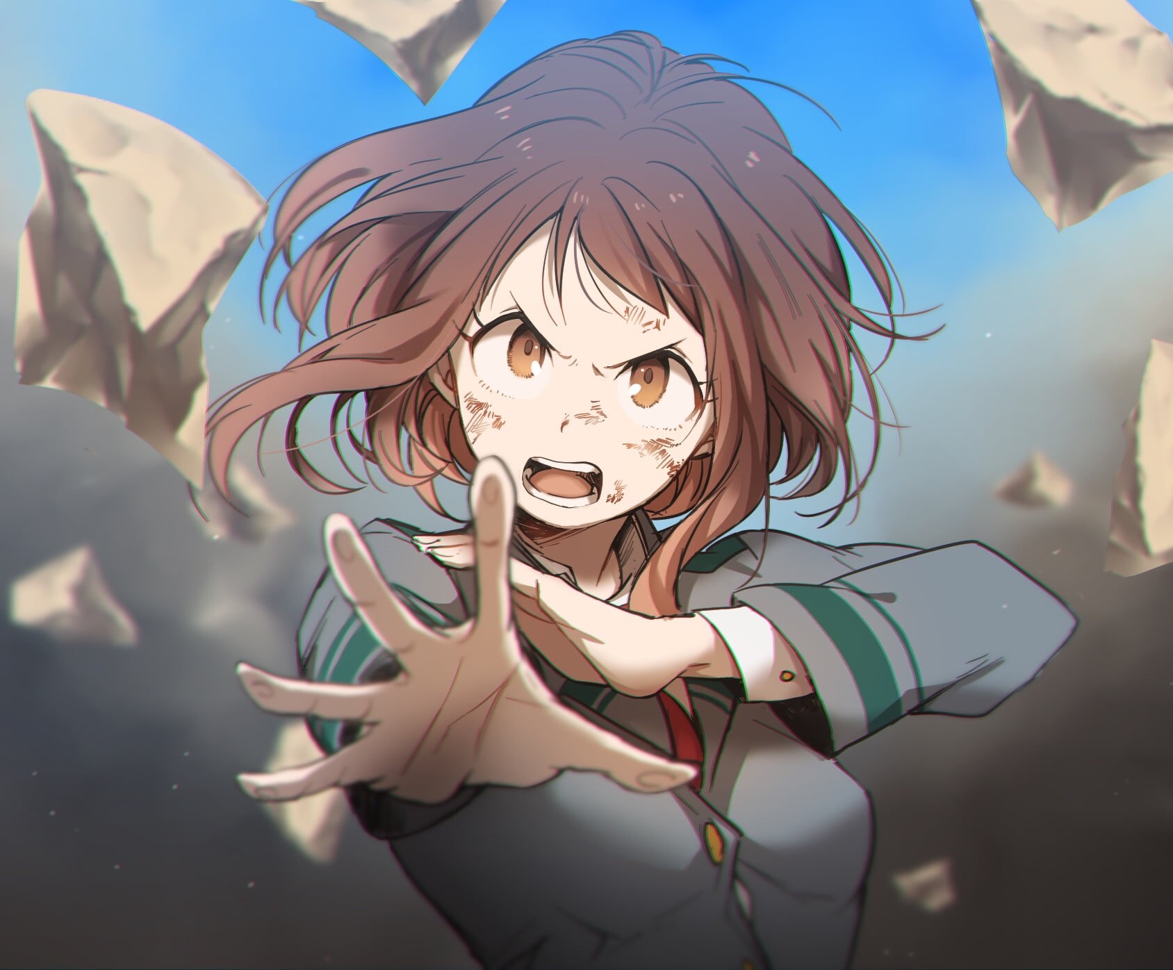 teeth, debris, school uniform, short hair, 720P, looking at viewer, reaching, Dirty Face, anime girls, jacket, Boku no Hero Academia, sky, auburn hair, HD Wallpaper