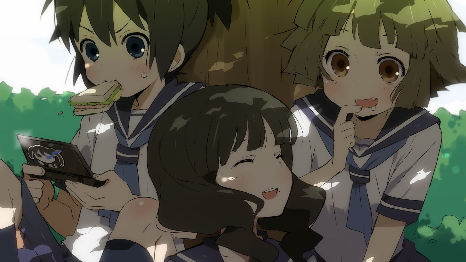 outdoors, anime, black, shooter, blush, uniforms, takanashi, 1080P, kuroi, girls, yomi, mato, playing, school, rock, HD Wallpaper
