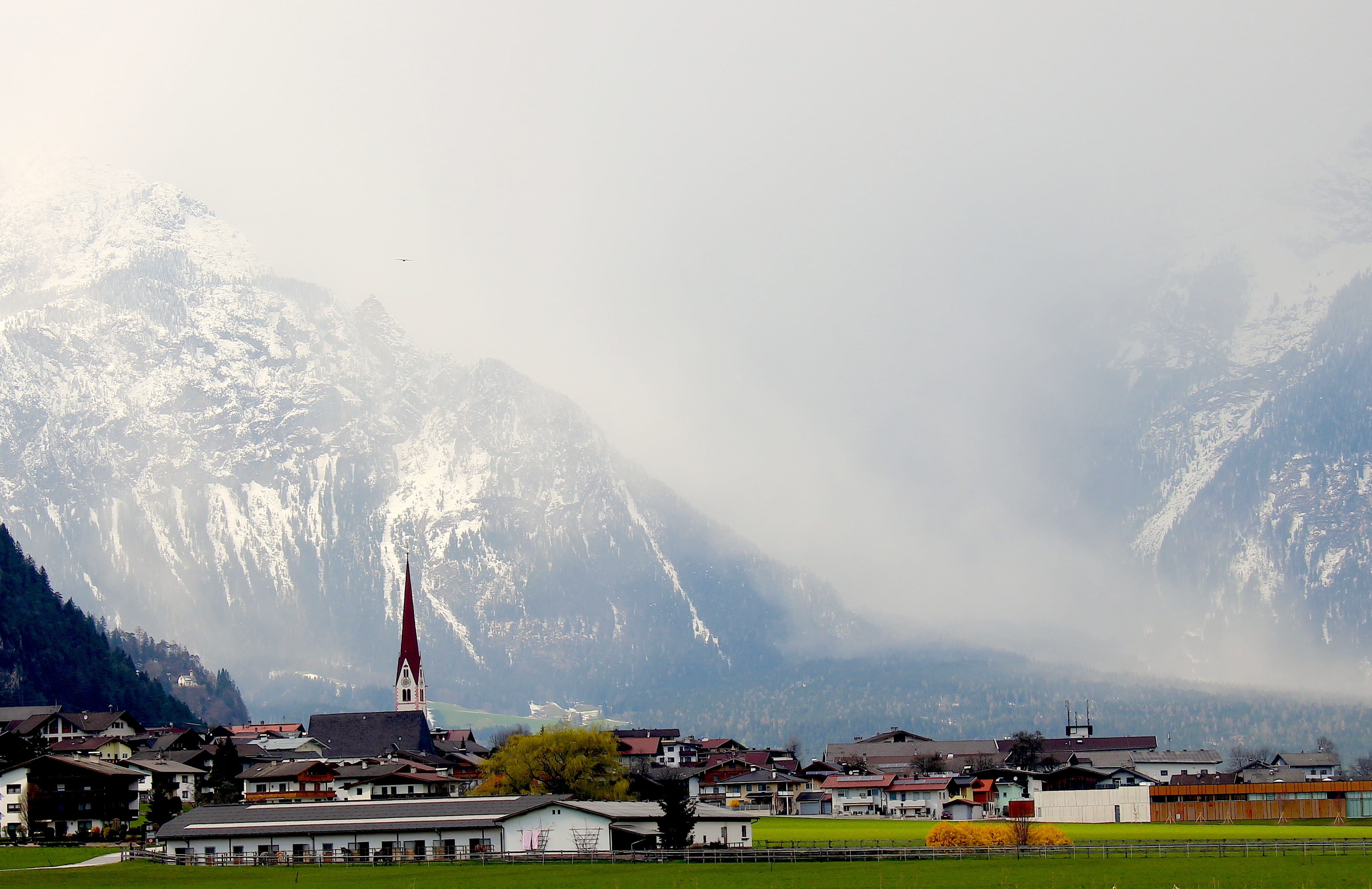 sky, white, snowinsummer, mountain range, monastery, austria, dense mist, 2K, schlitters, cold temperature, building, snowcapped mountain, beauty in nature, HD Wallpaper