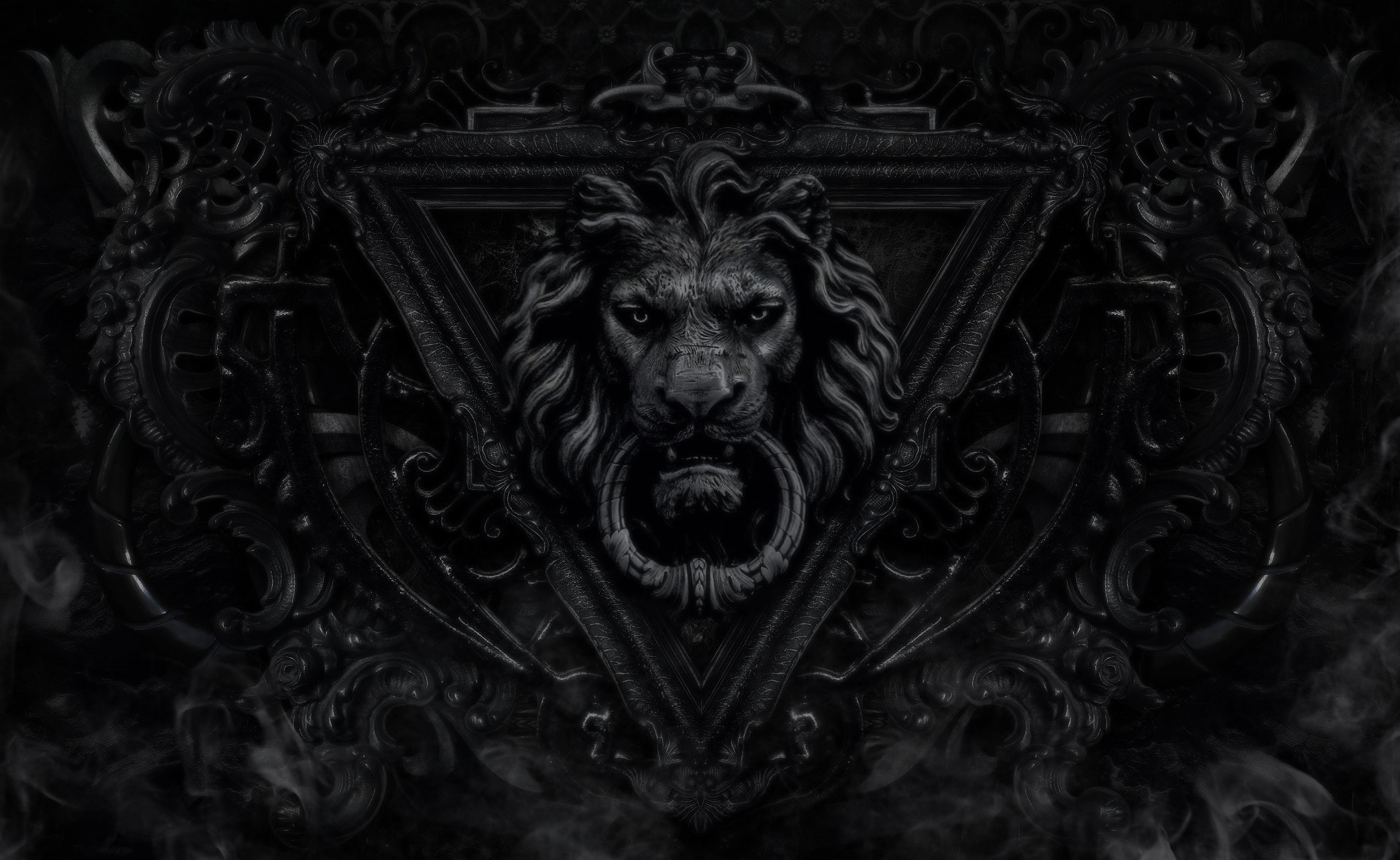 lion, Black and White, human representation, artwork, sculpture, dark, art and craft, design, looking at camera, 2K, representation, close-up, ornate, HD Wallpaper