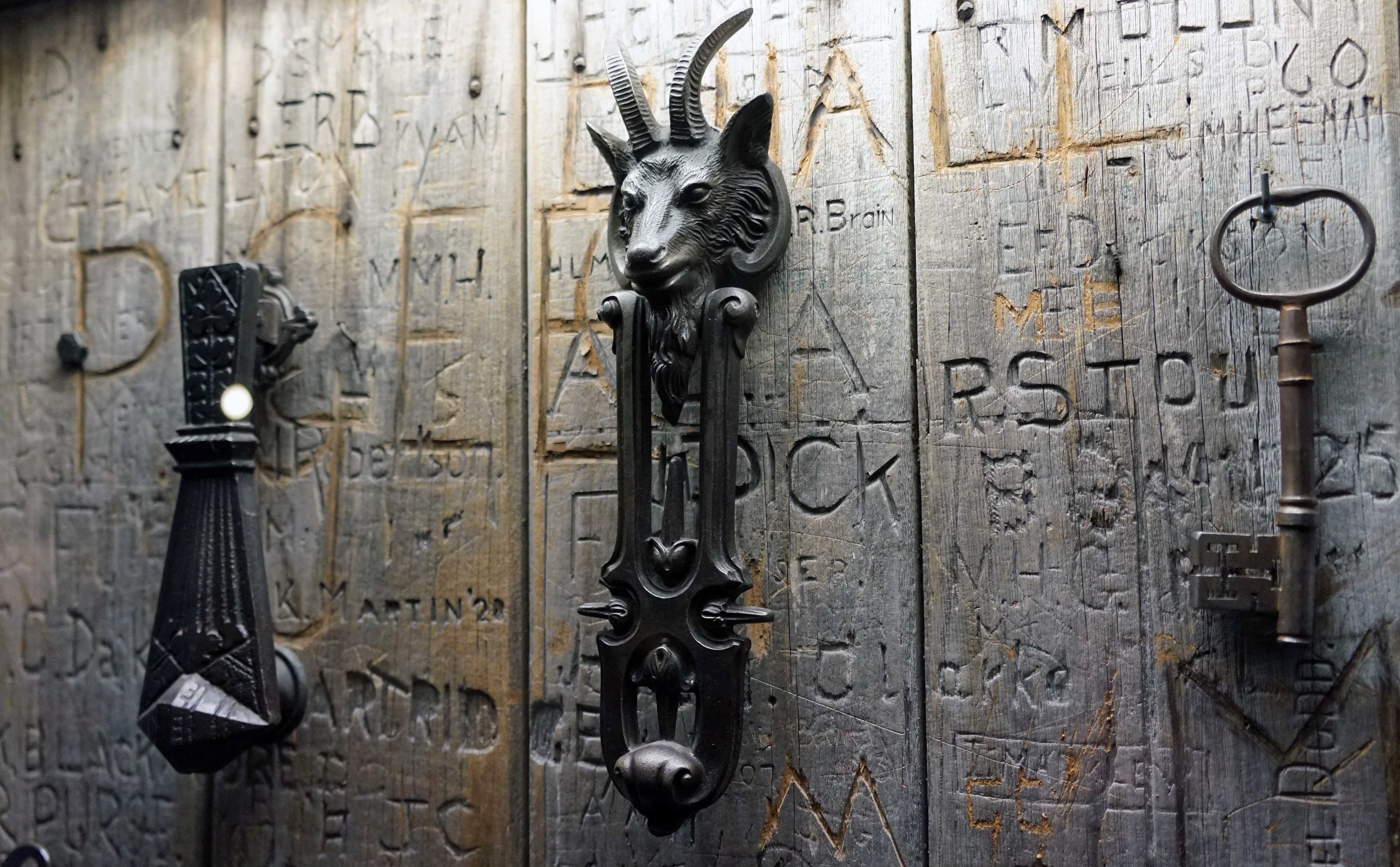 safety, craft, no people, gray, decorated, 5K, door, wood - material, day, antique, hanging, animal representation, capricorn, protection, fitting, dog, HD Wallpaper