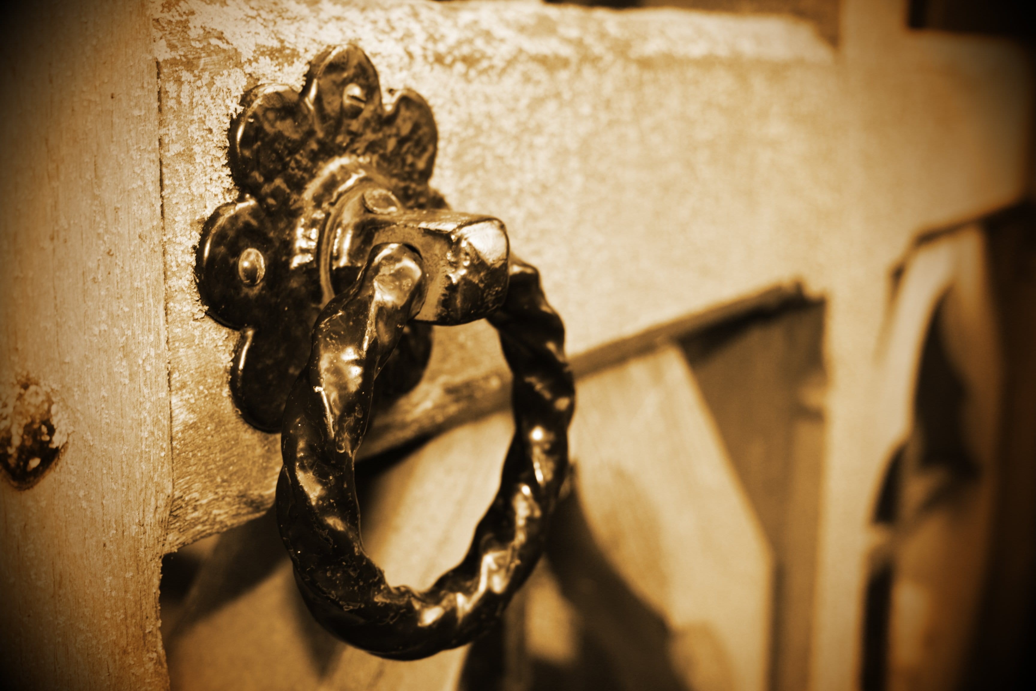 indoors, history, close, vignette, gate, ornate, knocker, craft, iron, old, creativity, close-up, connection, metal, rusty, wood, focus on foreground, entrance, HD Wallpaper