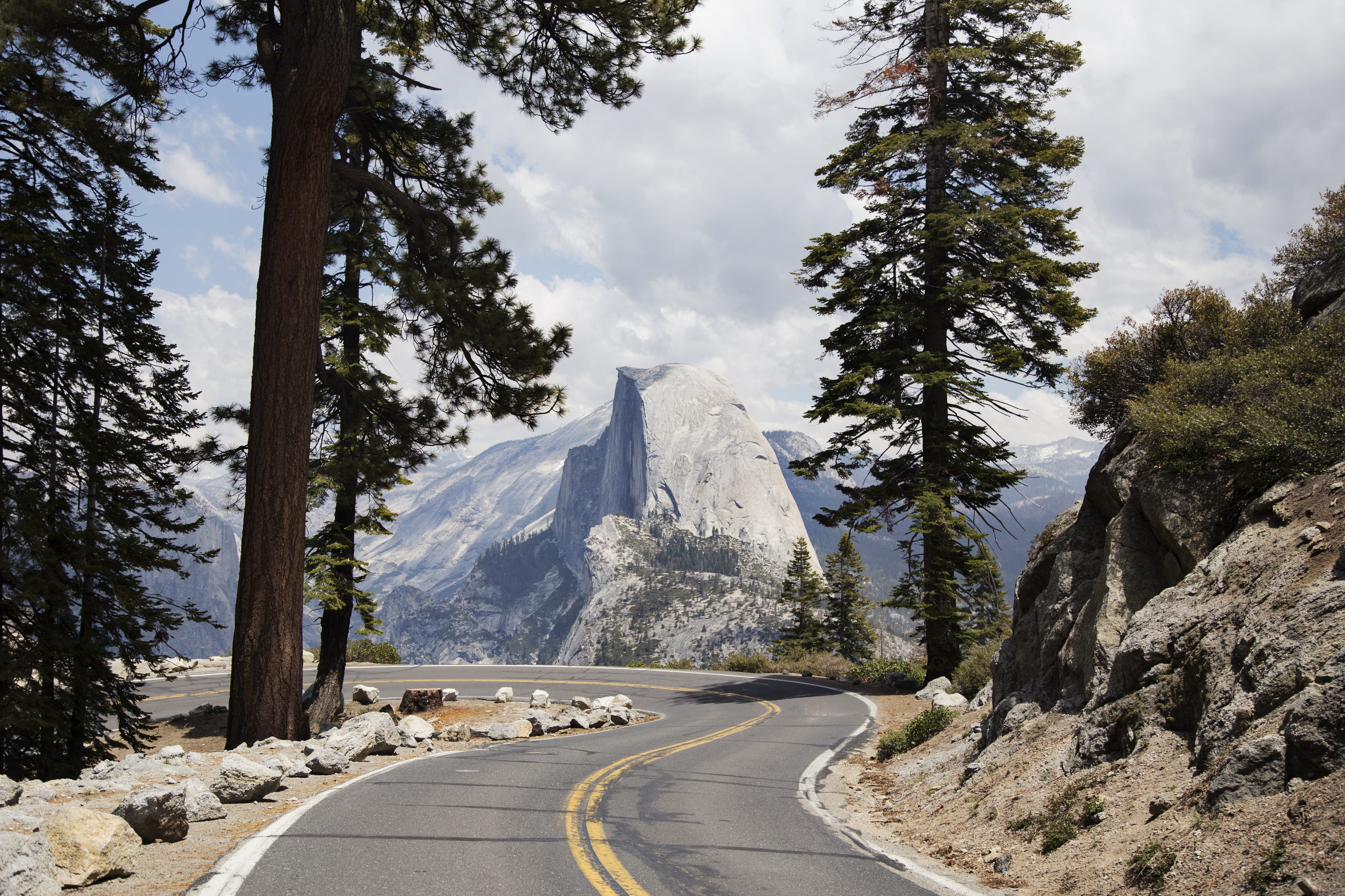 symbol, glacier point, half dome, landmark, snow, road, cloud - sky, tranquil scene, explore, tree, sign, diminishing perspective, mountain, scenics - nature, HD Wallpaper