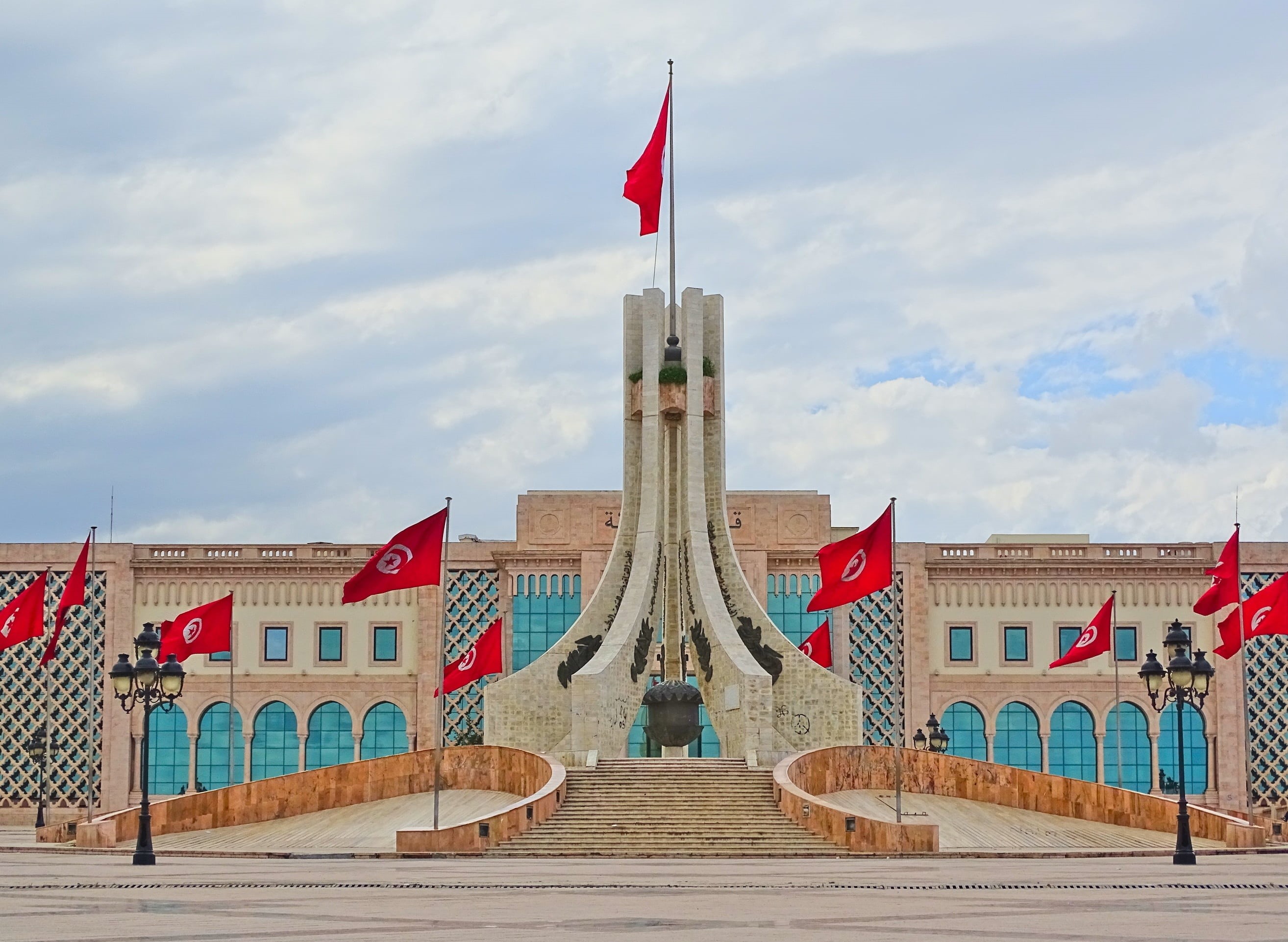 place, travel, nature, tunisia, red, sky, city, no people, day, building, tower, flags, cloud - sky, flag, built structure, tunis, government, monument, HD Wallpaper