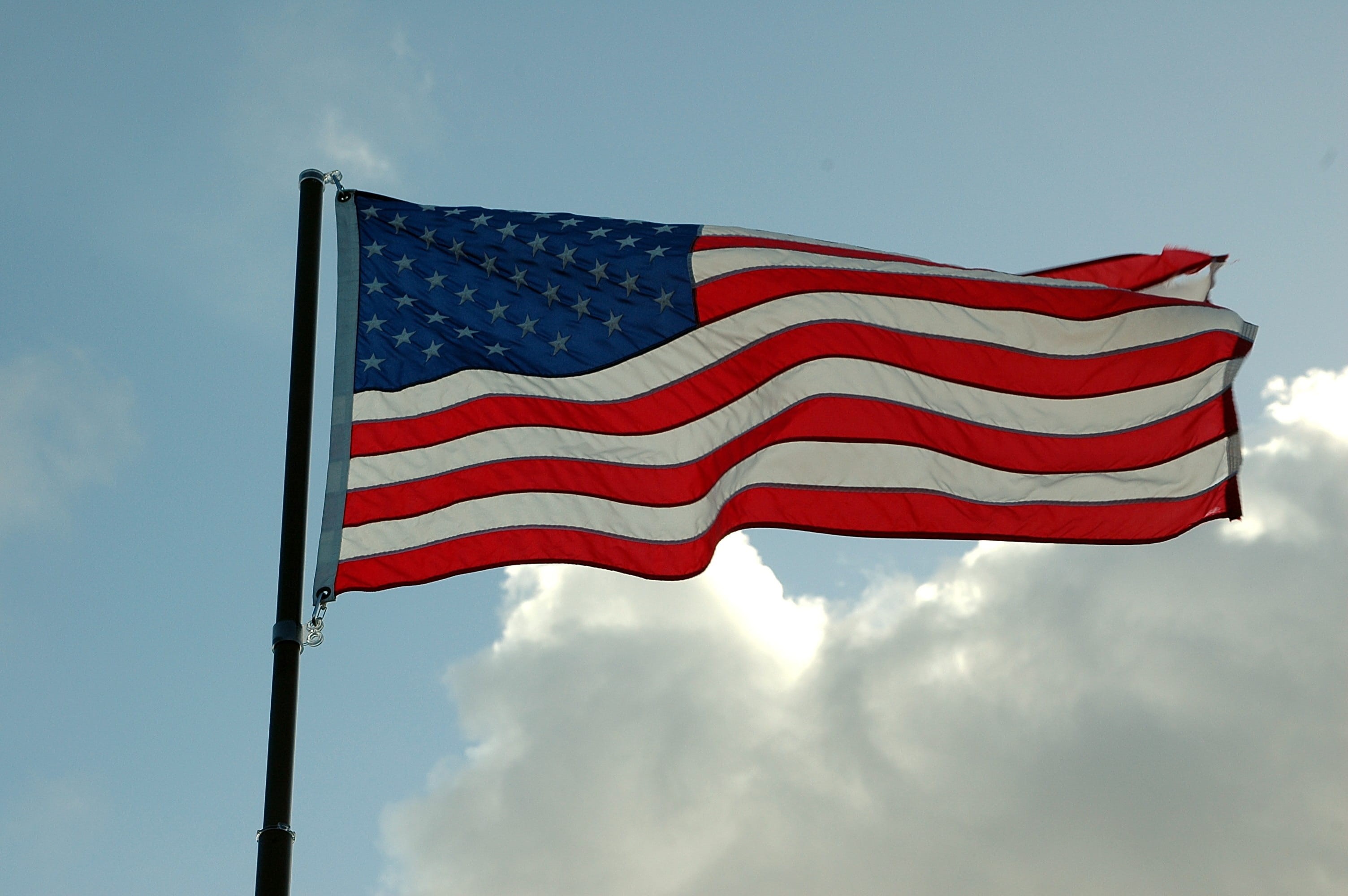 banner, blue, American Flag, national icon, country, wind, dom, outdoors, united, low angle view, usa, depression - sadness, symbolic, stripes, striped, HD Wallpaper