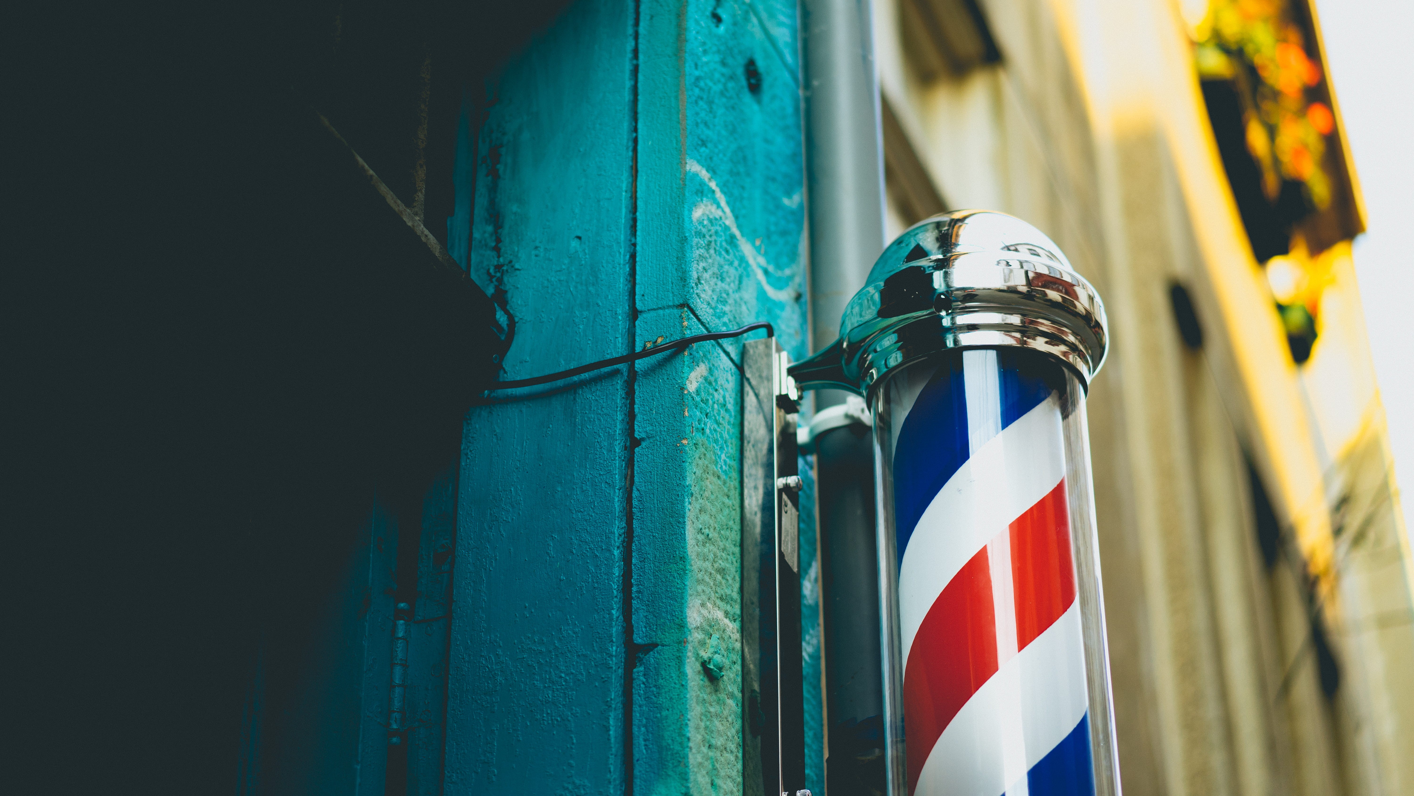 flag, wall - building feature, pole, american Flag, no People, wall, white, day, communication, nature, barber shop, outdoors, uSA, american Culture, selective focus, HD Wallpaper