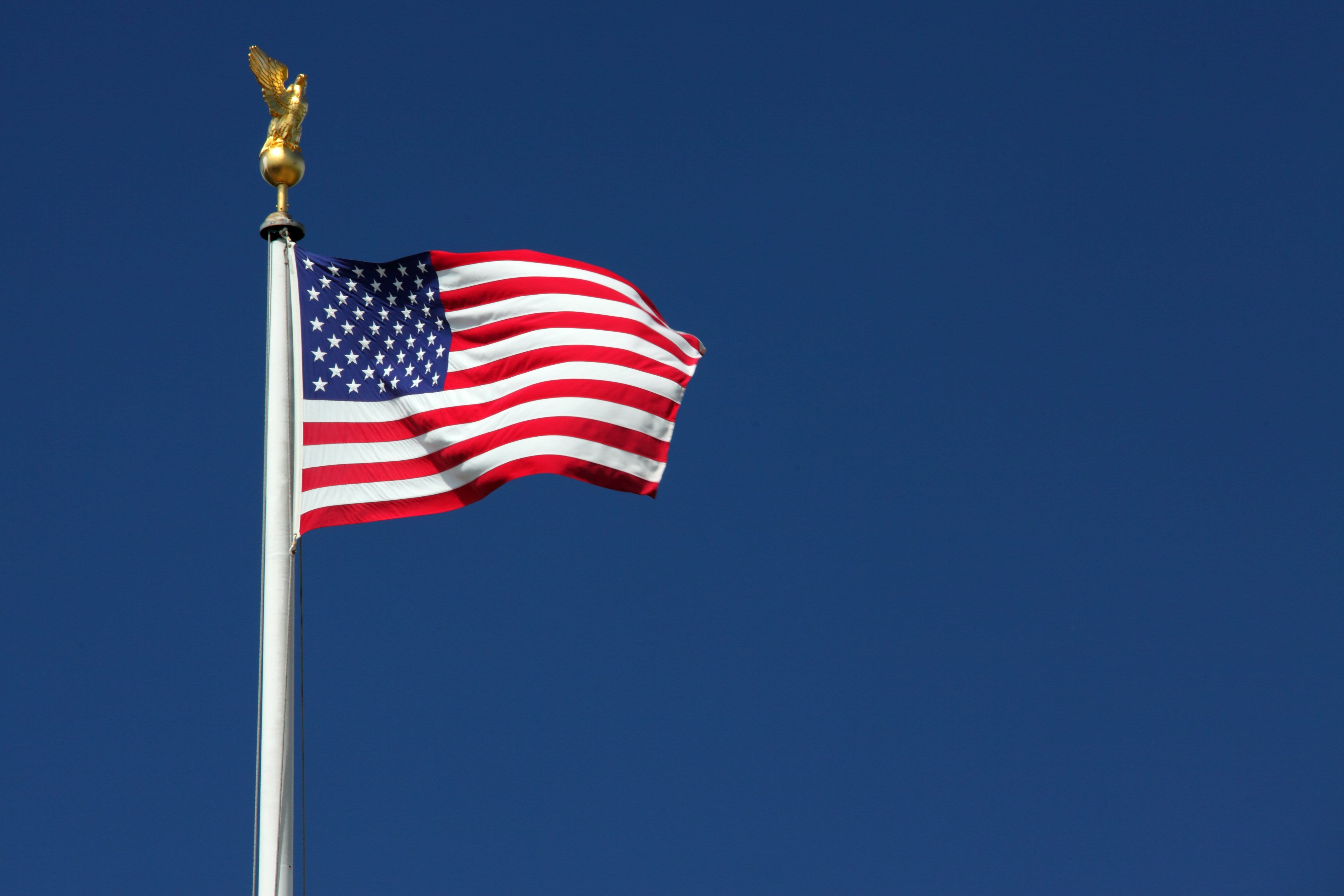 clear sky, striped, red, united, outdoors, pole, national, 5K, environment, patriotism, waving, stripes, Country, national icon, sky, july, nature, day, HD Wallpaper