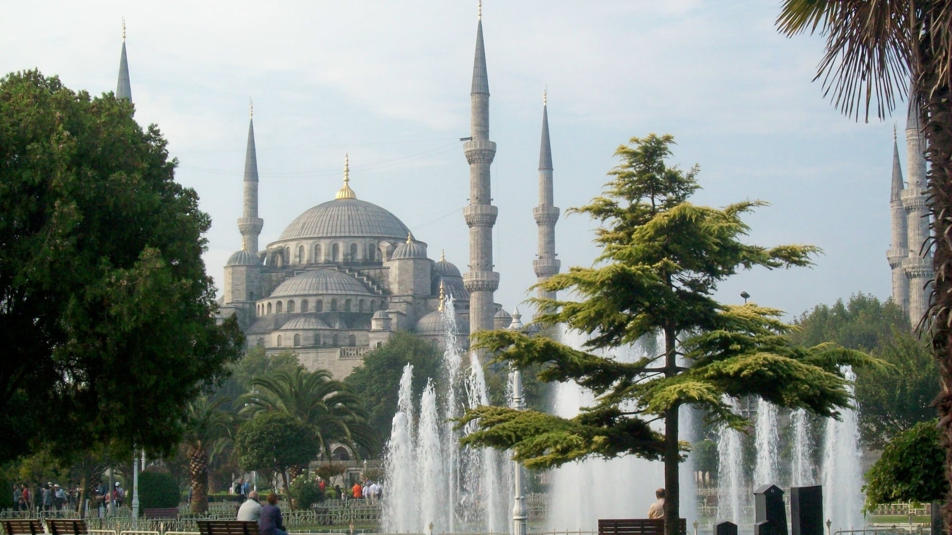 city, Mosque, outdoors, spraying, sky, plant, belief, travel destinations, architecture, Turkey, nature, Building, built structure, Sultan Ahmed, dome, HD Wallpaper