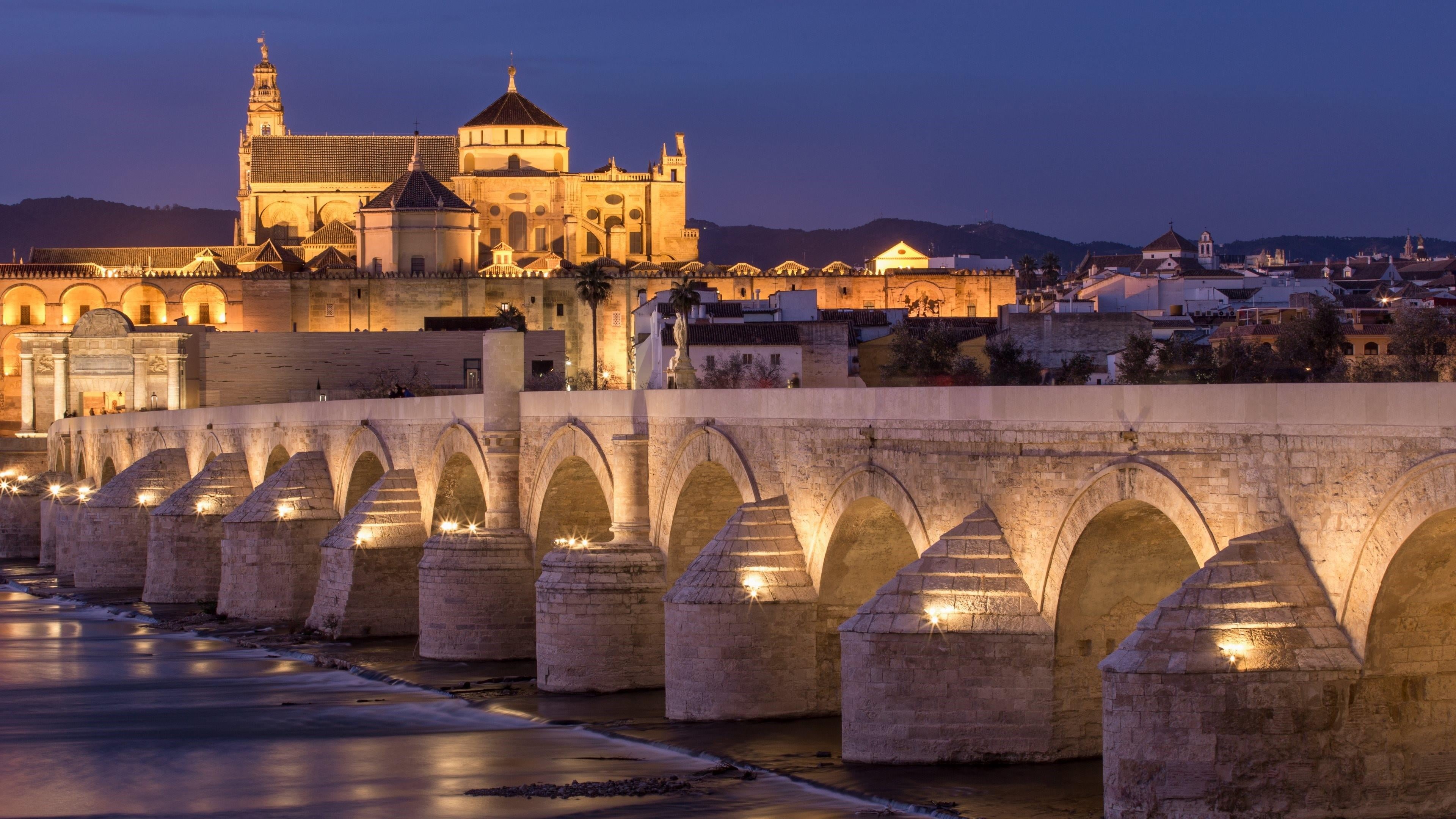 sky, the past, building exterior, built structure, arch bridge, night, tourism, building, arch, illuminated, 4K, cordoba bridge, bridge, nature, cityscape, HD Wallpaper