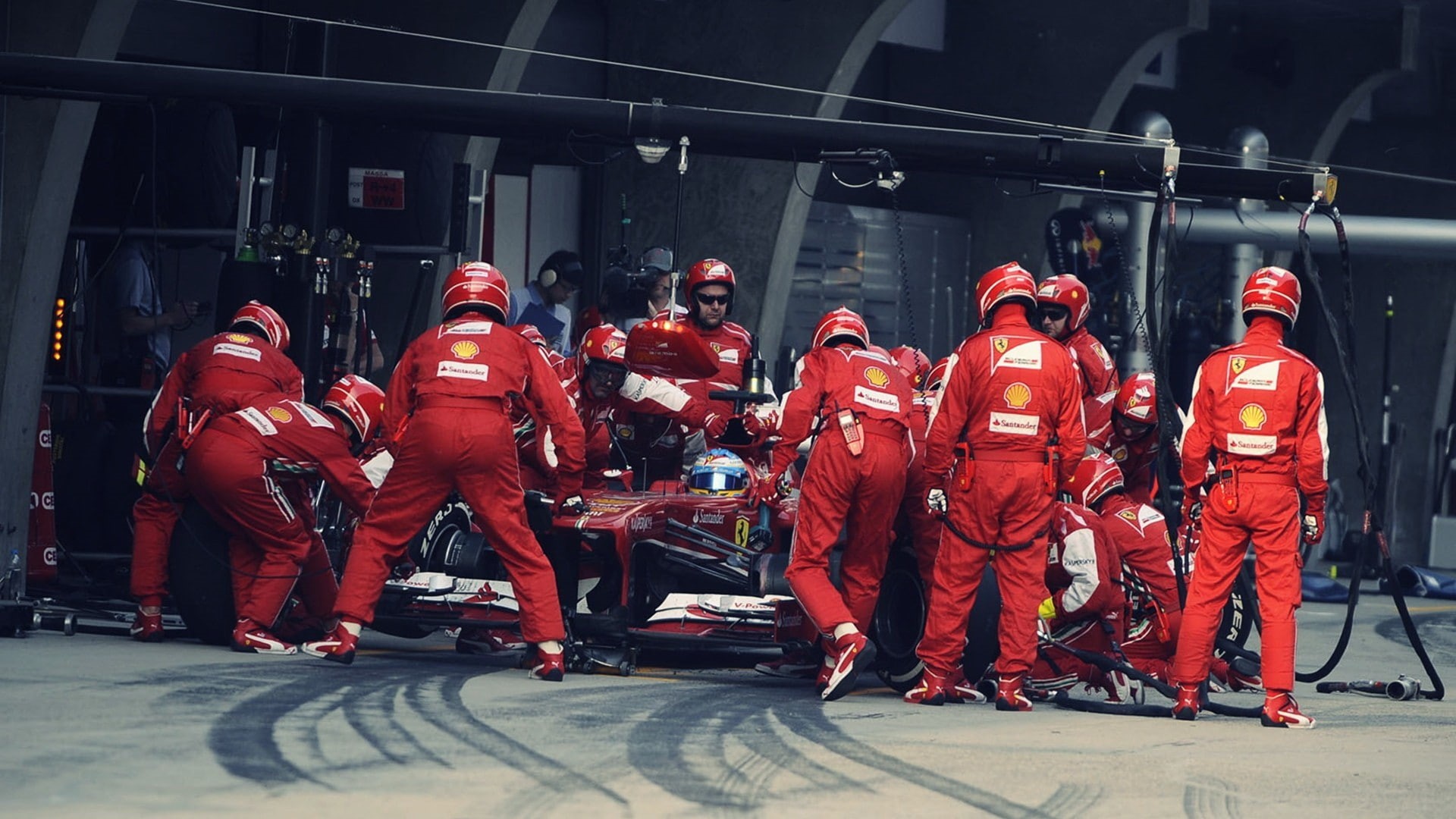 uniform, group of people, transportation, standing, crowd, 1080P, men, Ferrari, headwear, government, day, protection, crash helmet, security, responsibility, HD Wallpaper