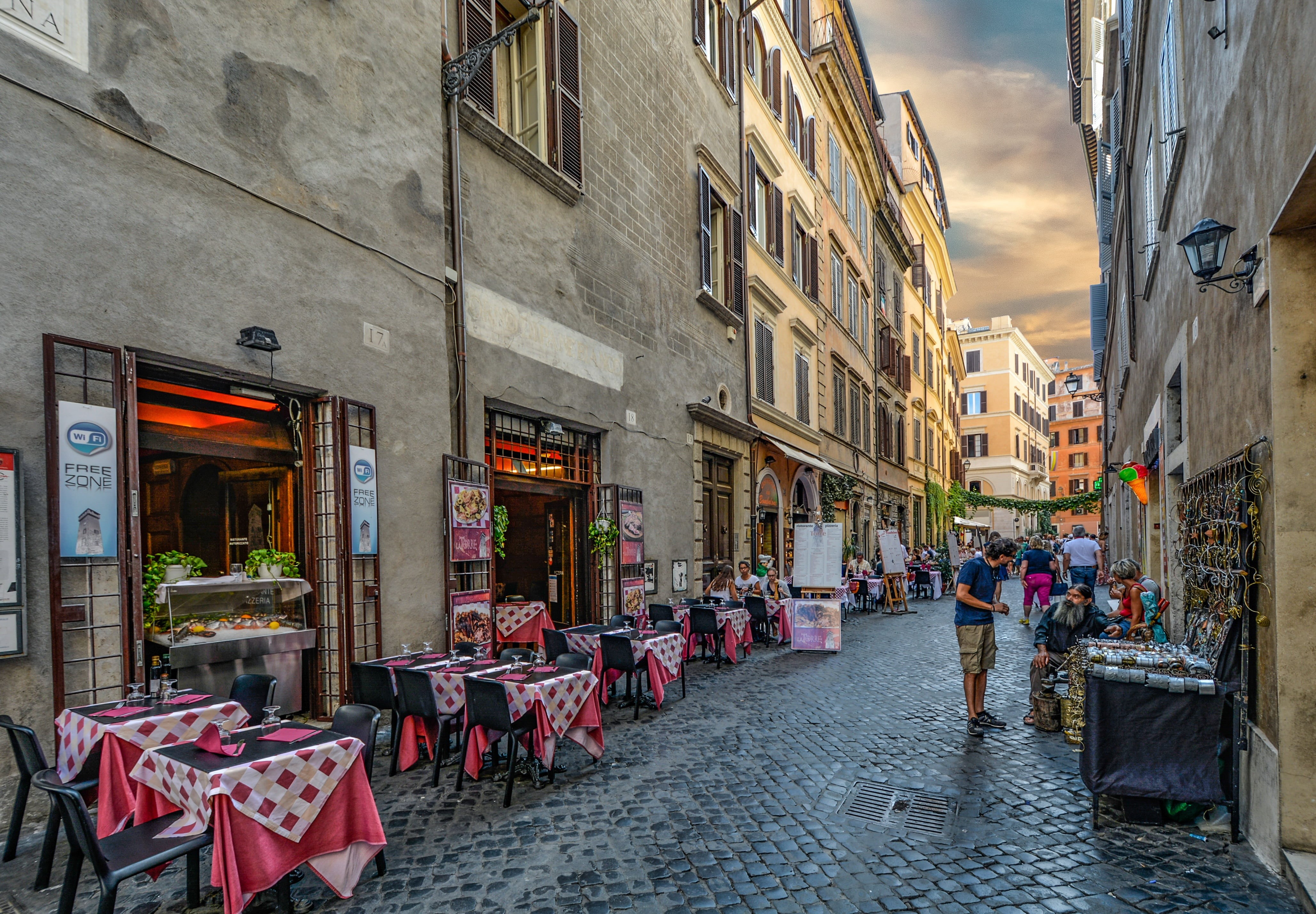 holiday, chair, italy, building, shops, sidewalk cafe, group of people, walking, old, roma, day, alley, cobblestone, vacation, window, travel destinations, HD Wallpaper
