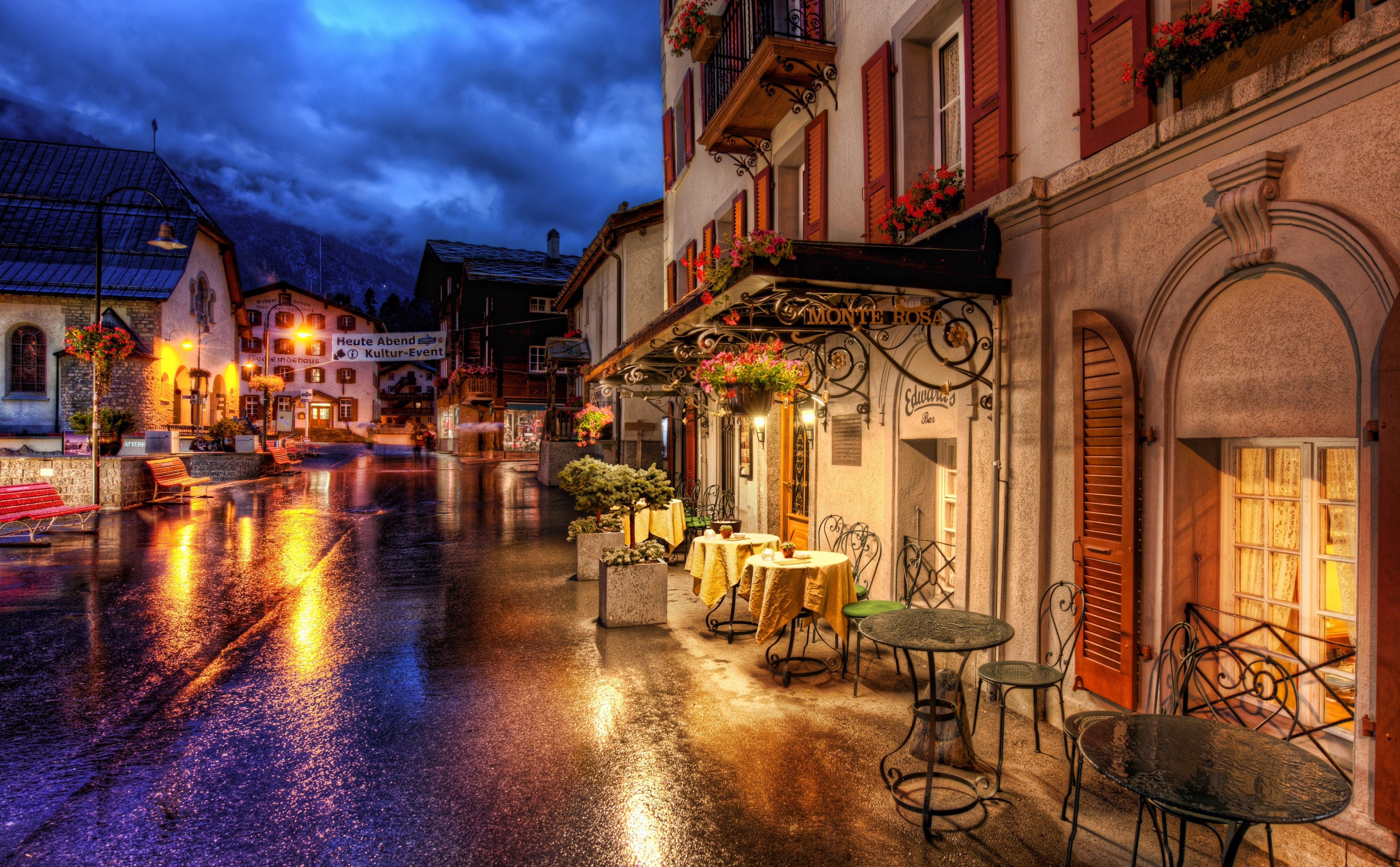 cafe, Lights, chair, Europe, illuminated, table, rain, Street, travel destinations, Houses, Alps, restaurant, seat, 5K, built structure, business, no people, HD Wallpaper