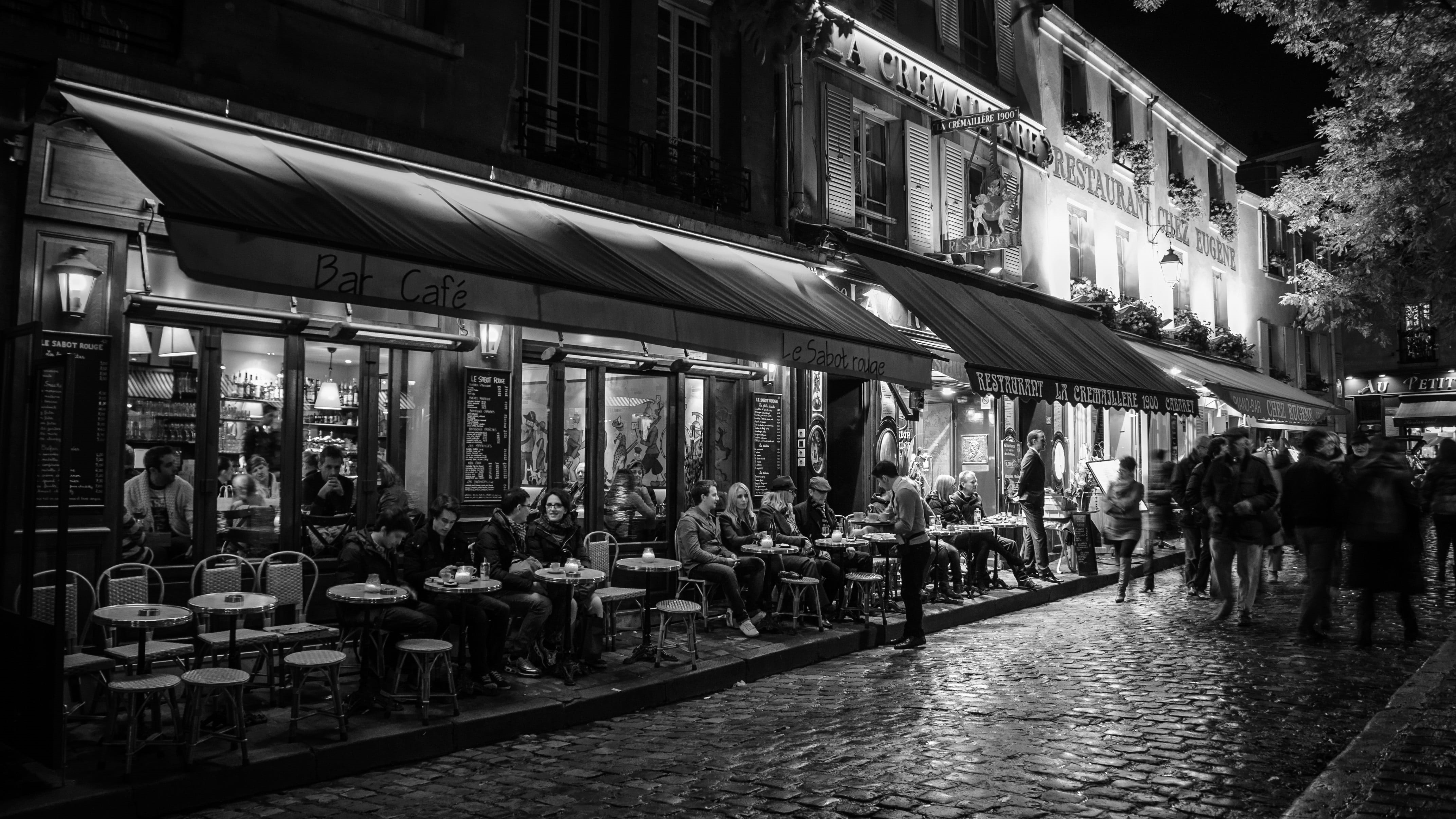 local, gray, night, mood, architecture, group of people, photography, illuminated, homes, 4K, street market, evening, montmartre, men, building exterior, HD Wallpaper