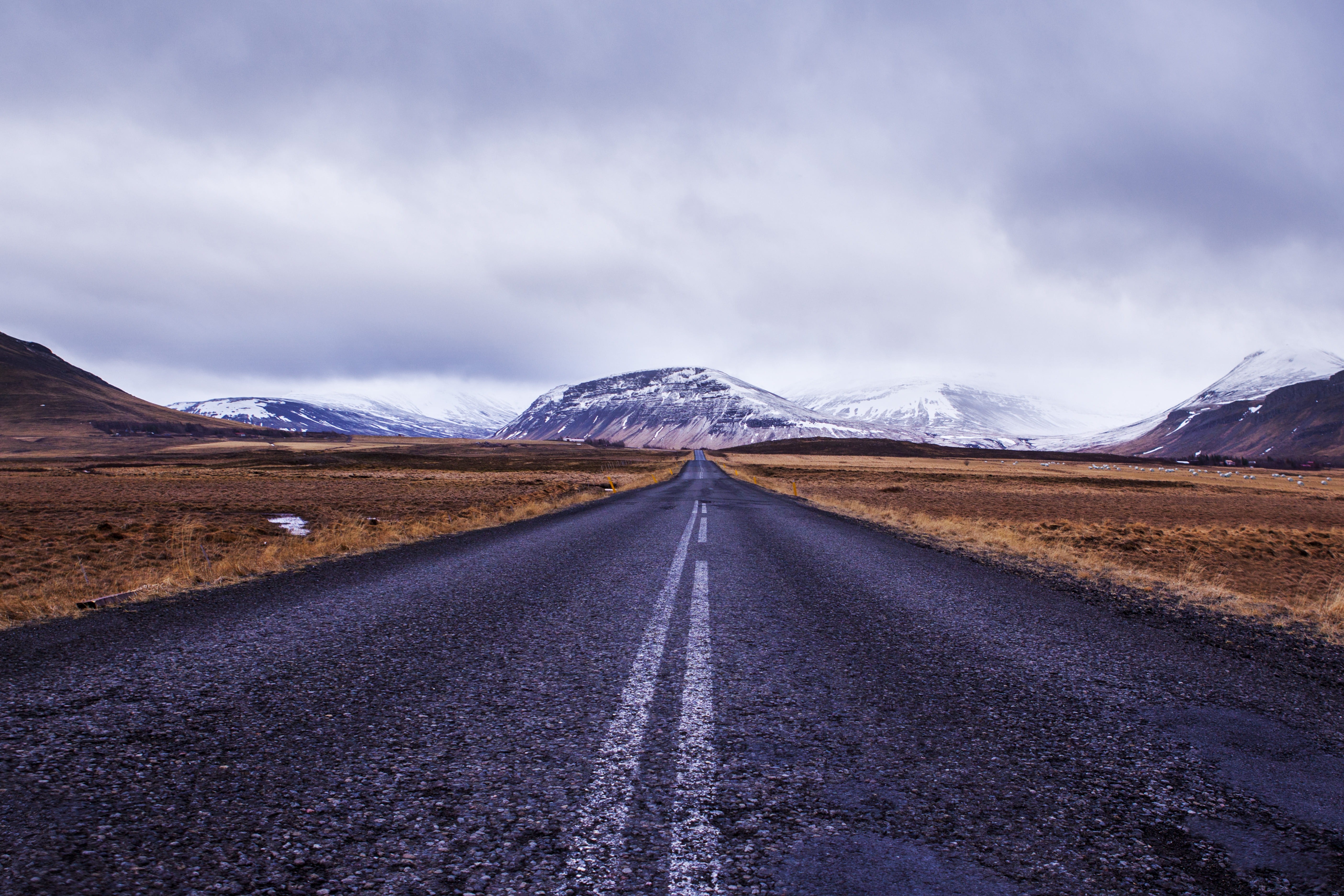 environment, diminishing perspective, snowcapped mountain, landscape, the way forward, iceland, transportation, 5K, dividing line, paisaje, nieve, cloudy, HD Wallpaper