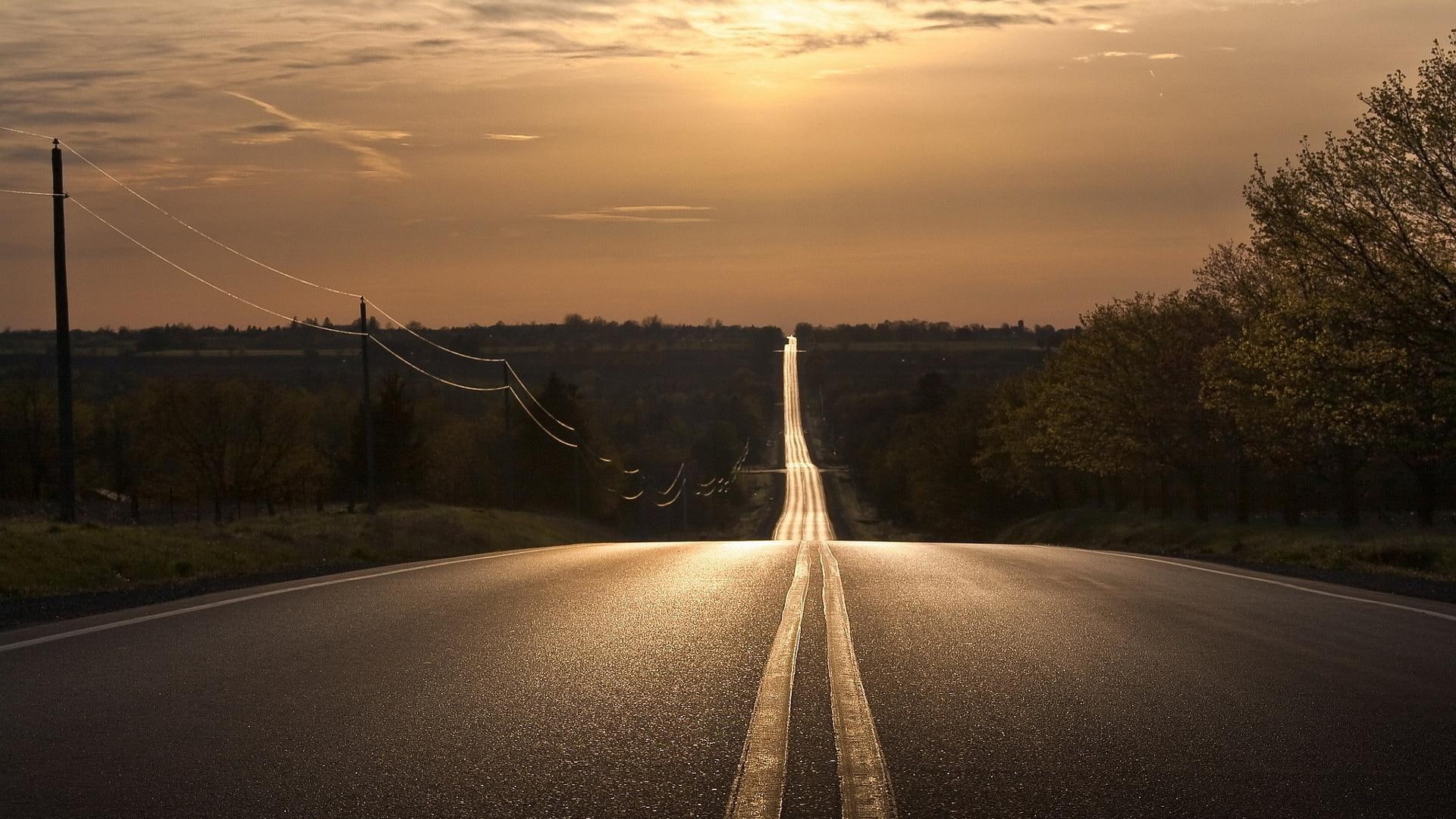 straight, highway, 1080P, electric lines, sundown, undulating, nature and landscapes, HD Wallpaper