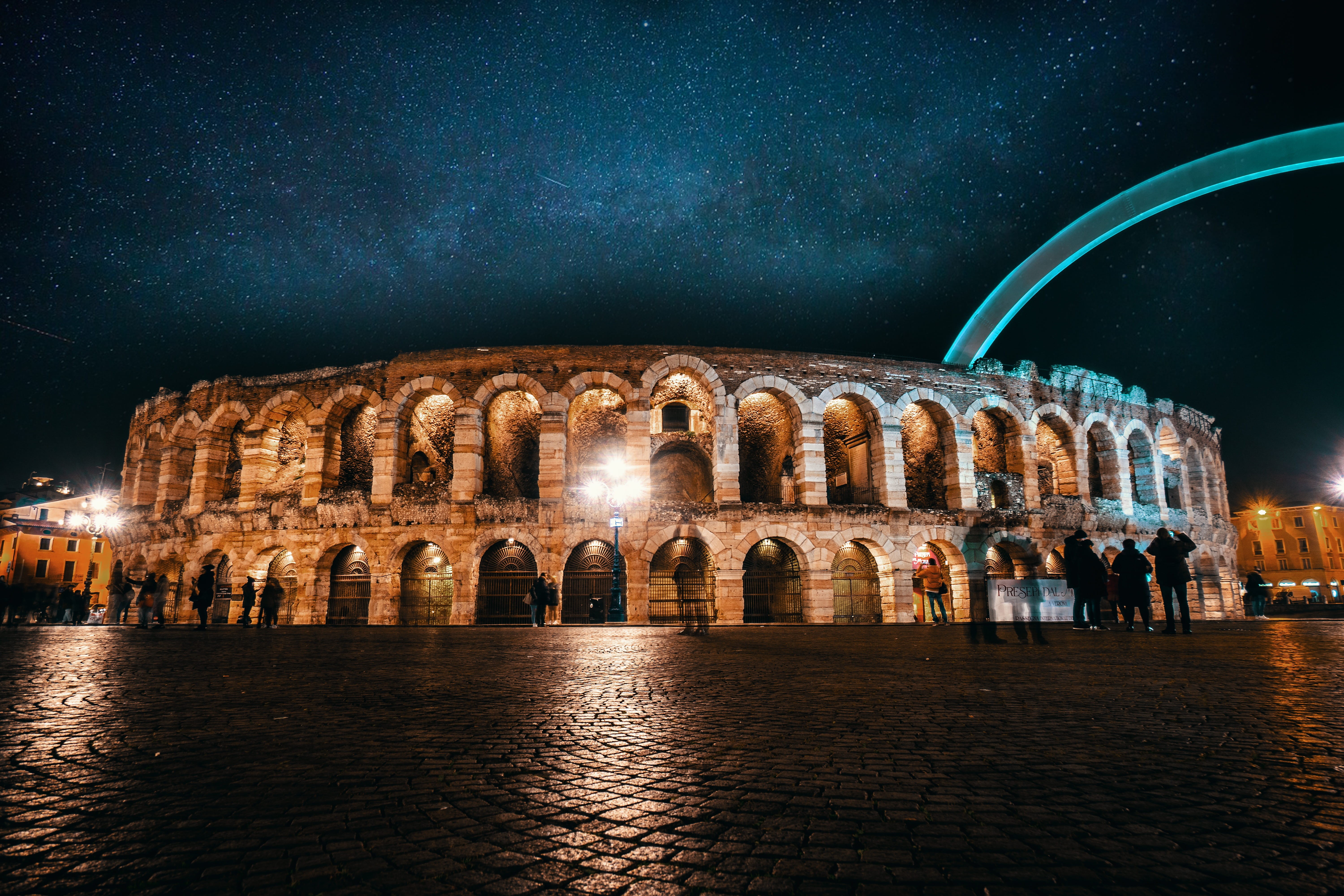 arch, built structure, 5K, outdoors, facade, piazza, arena, construction, lighting, the arena of verona, tourism, amphitheatre, architecture, illuminated, HD Wallpaper