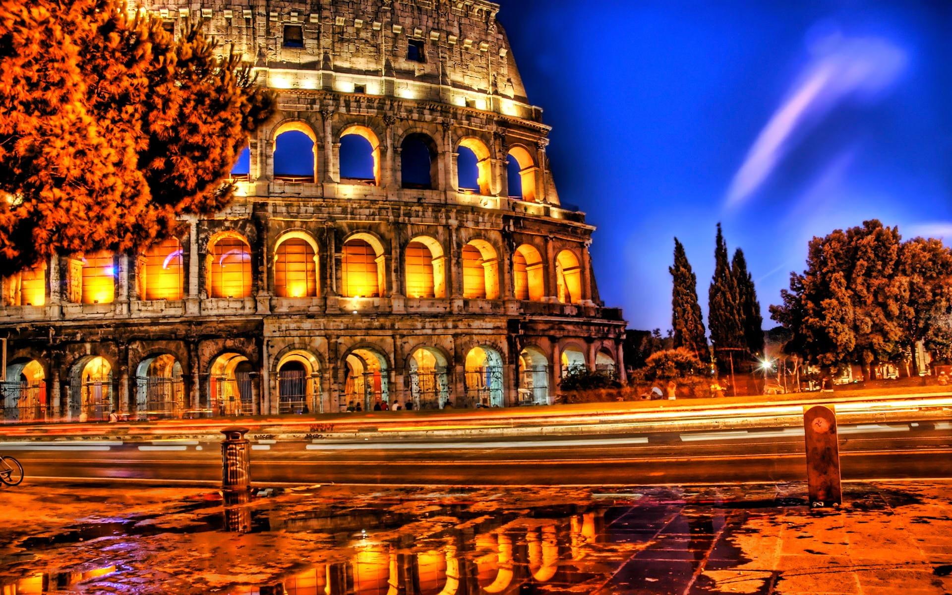beautiful, rome, evening, lights, italy, night, street, 1080P, colosseum, light, blue, HD Wallpaper