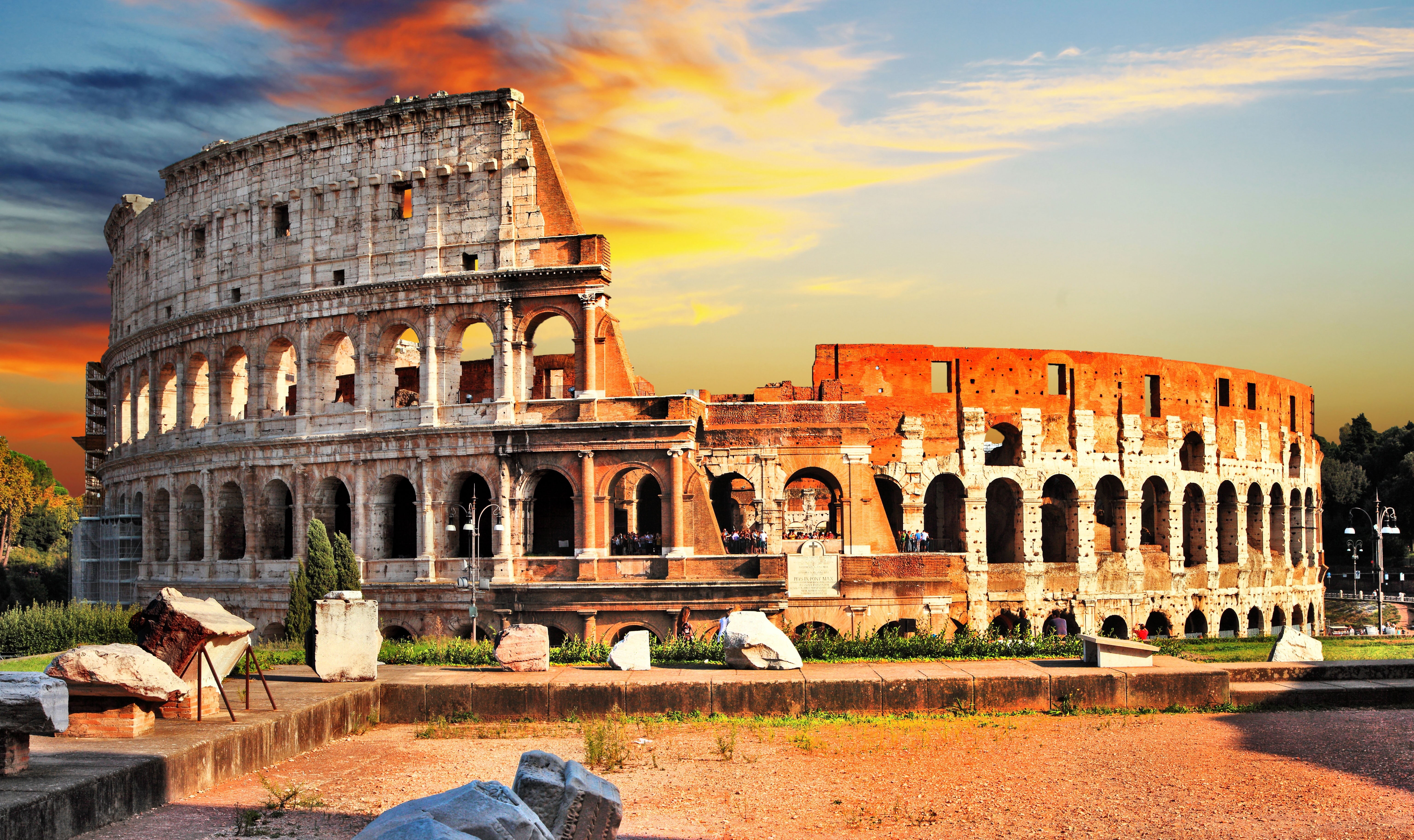 sky, view, building exterior, Rome, archaeology, cloud - sky, Anfiteatro Flavio, history, amphitheater, summer, travel, the construction of the 72-80g BC, HD Wallpaper