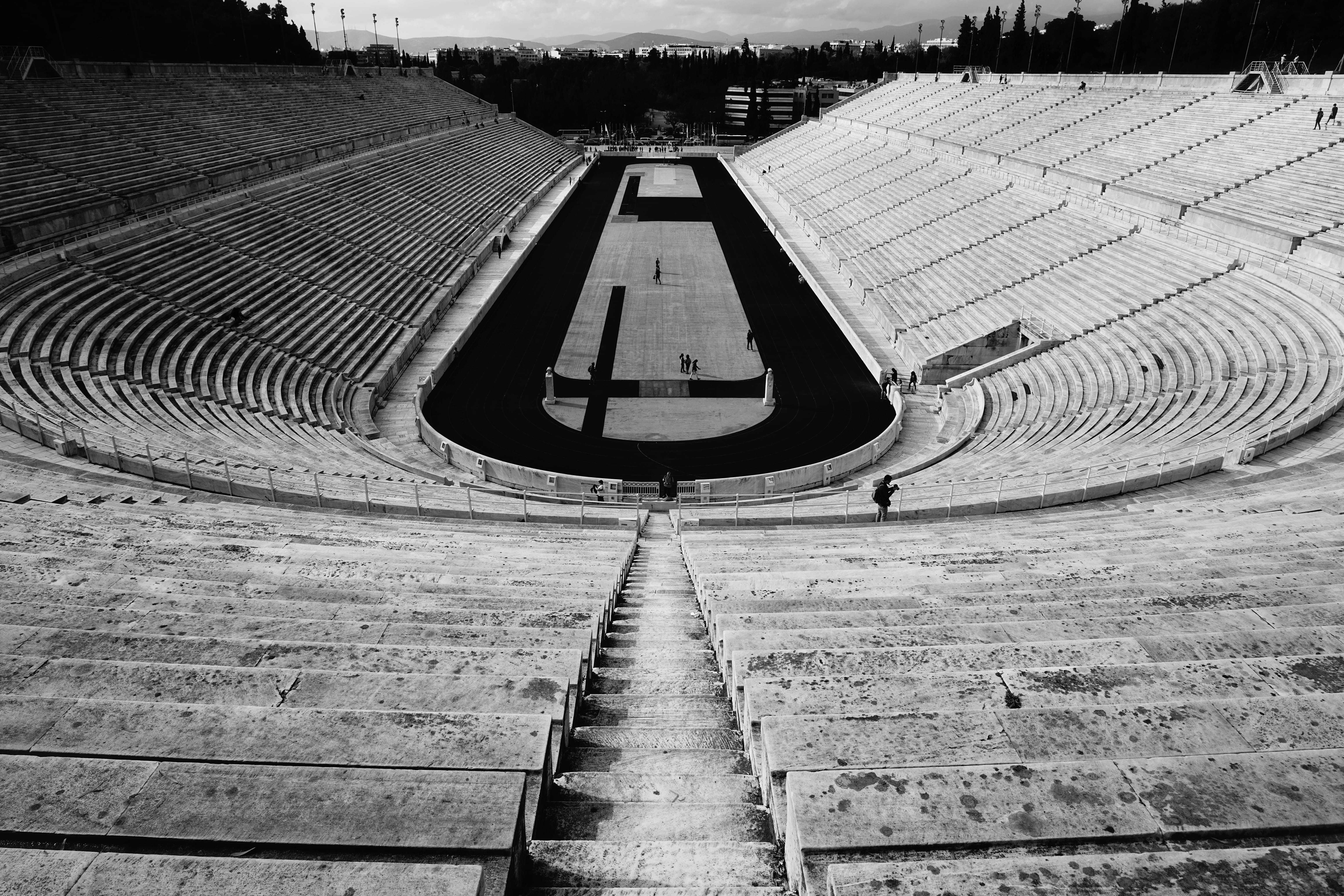 person, diminishing perspective, city, stadium, concrete, dam, amphitheatre, water, high angle view, photography, empty, river, arena, outdoors, railroad track, HD Wallpaper