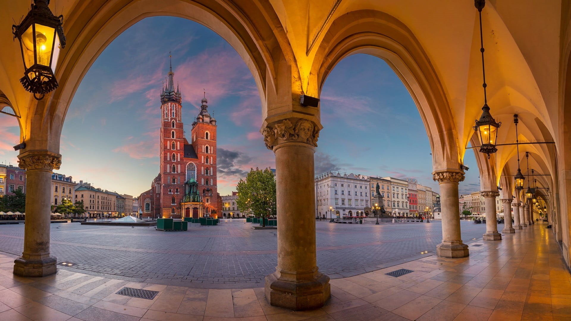 poland, belief, place of worship, arch, 1080P, architectural column, flooring, krakow, sky, city, travel destinations, main square, evening, the past, HD Wallpaper