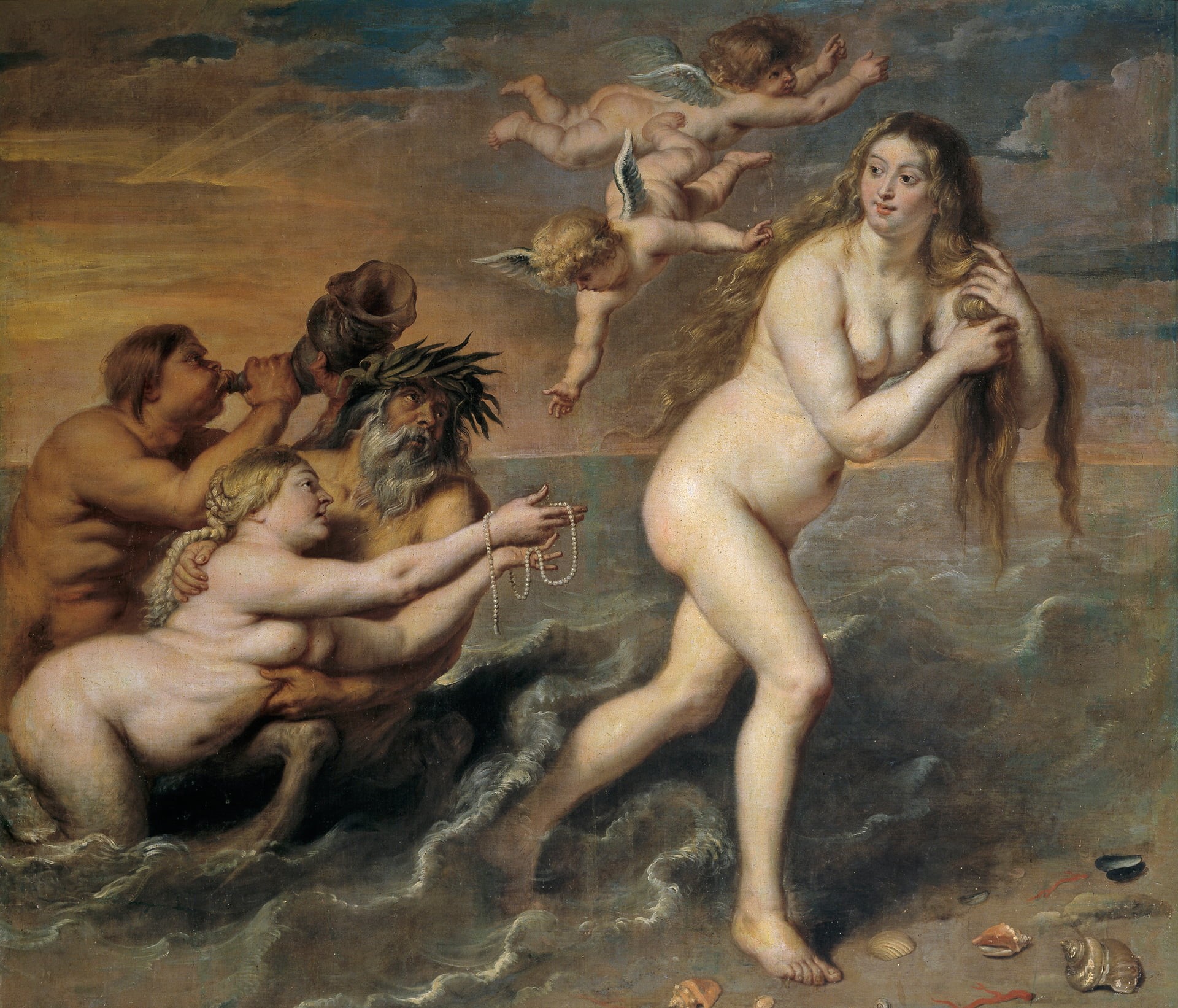 nature, people, women, young men, shirtless, The Birth Of Venus, adult, semi-dress, 1080P, digital composite, Cornelis de Vos, water, muscular Build, caucasian Ethnicity, HD Wallpaper