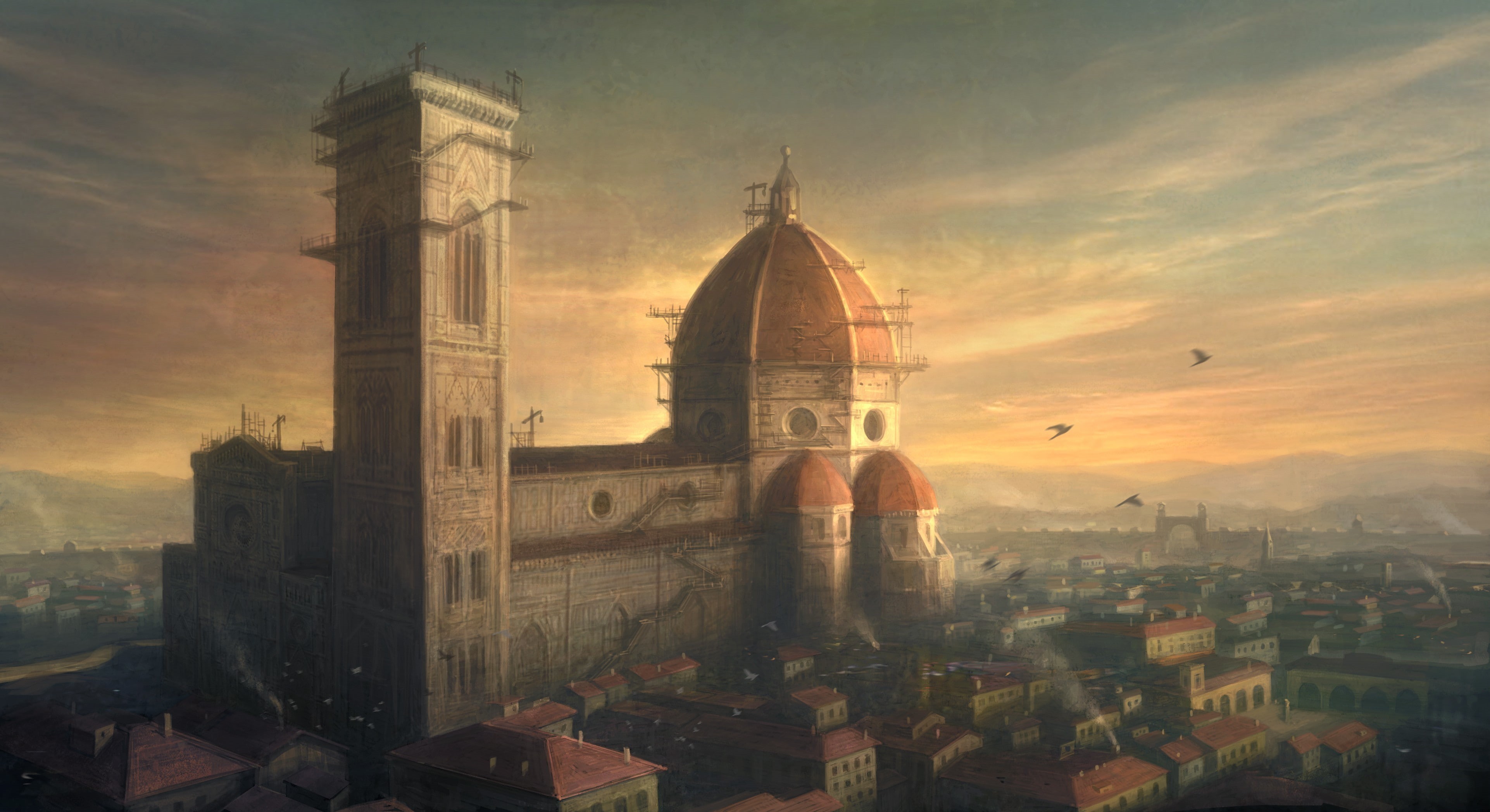 cloud - sky, religion, Florence, place of worship, sunset, history, built structure, outdoors, cityscape, Assassins Creed, nature, building, city, travel destinations, HD Wallpaper