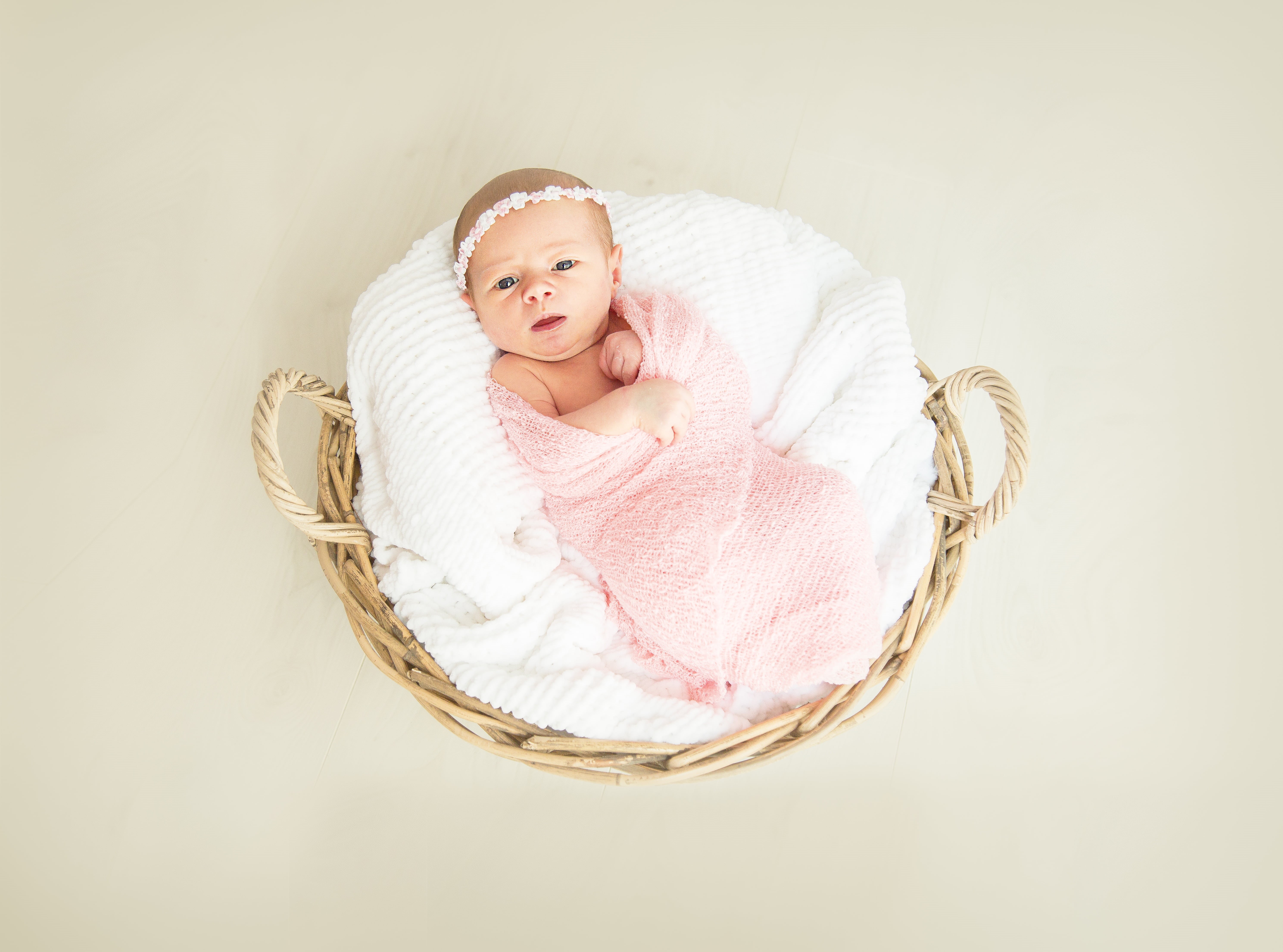 5K, young, birth, full length, studio shot, childhood, innocence, one person, brown, clothing, offspring, indoors, basket, round, girl, baby, pink, blond hair, HD Wallpaper