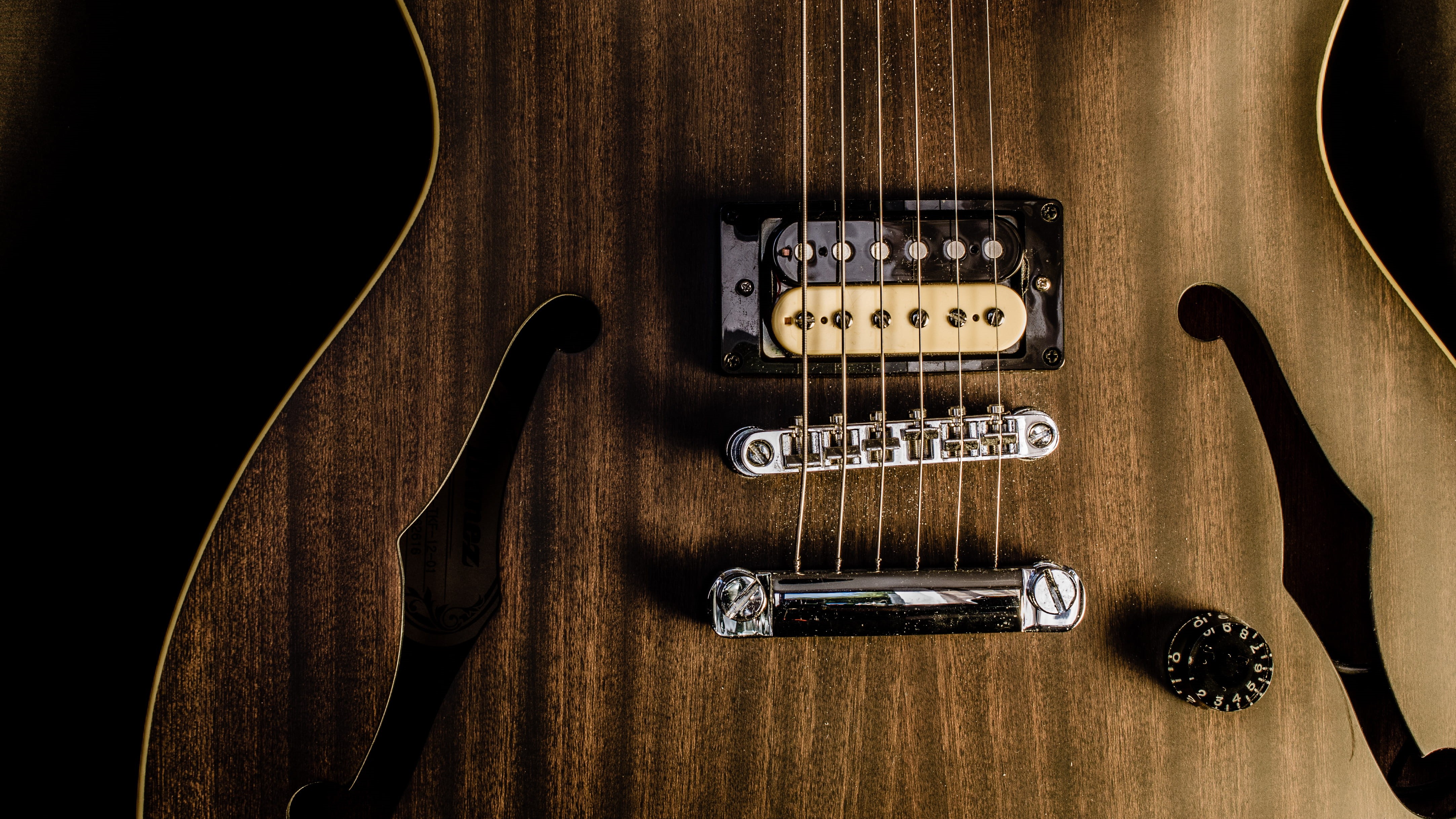 guitar, photography, music, studio shot, f-hole, indoors, communication, musician, musical equipment, strings, brown, capital letter, string instrument, HD Wallpaper