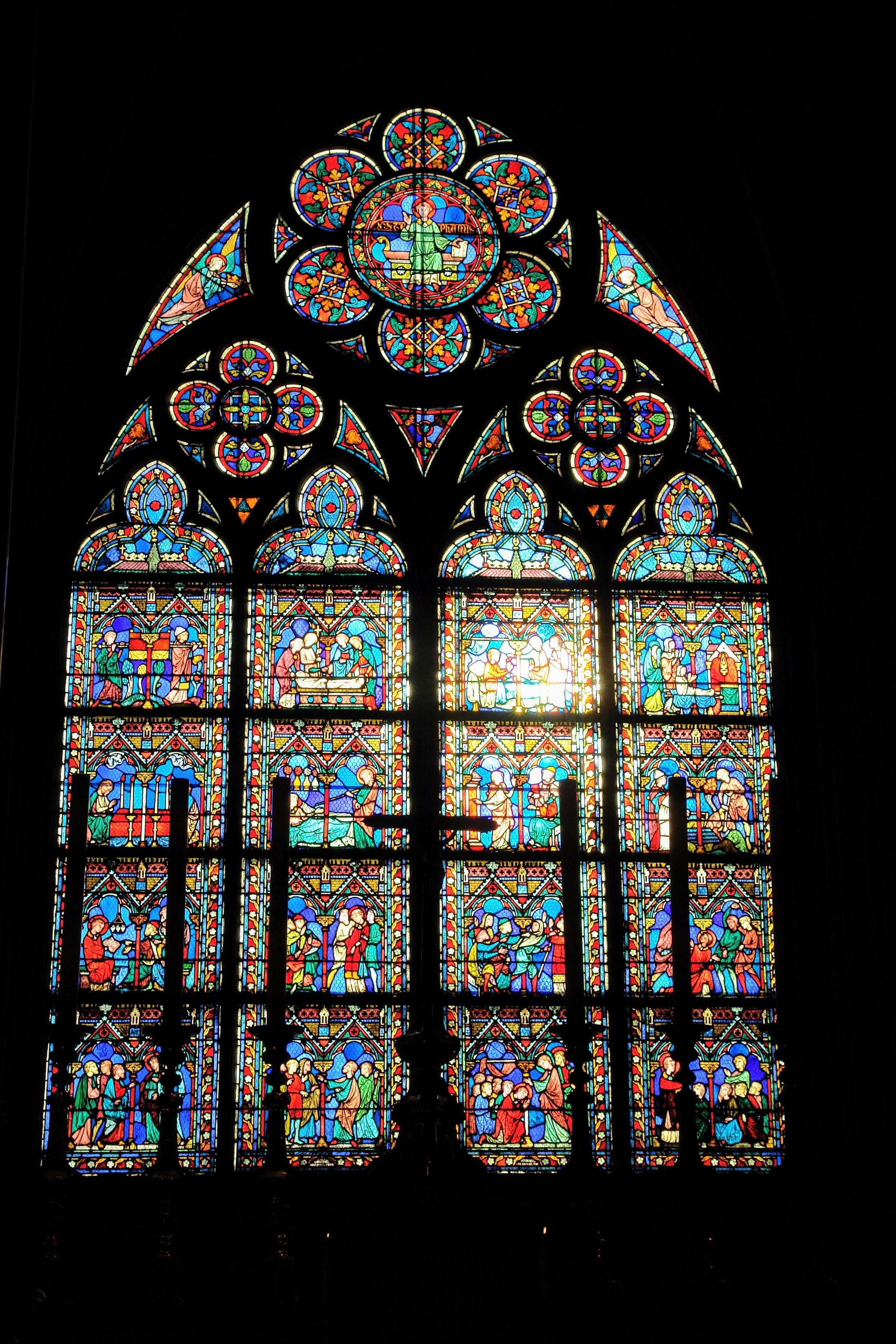 glass window, building exterior, cross, notre dame de chartres, building, glass, window painting, detail, arch, jesus, pattern, interior, dark, design, Phone HD Wallpaper