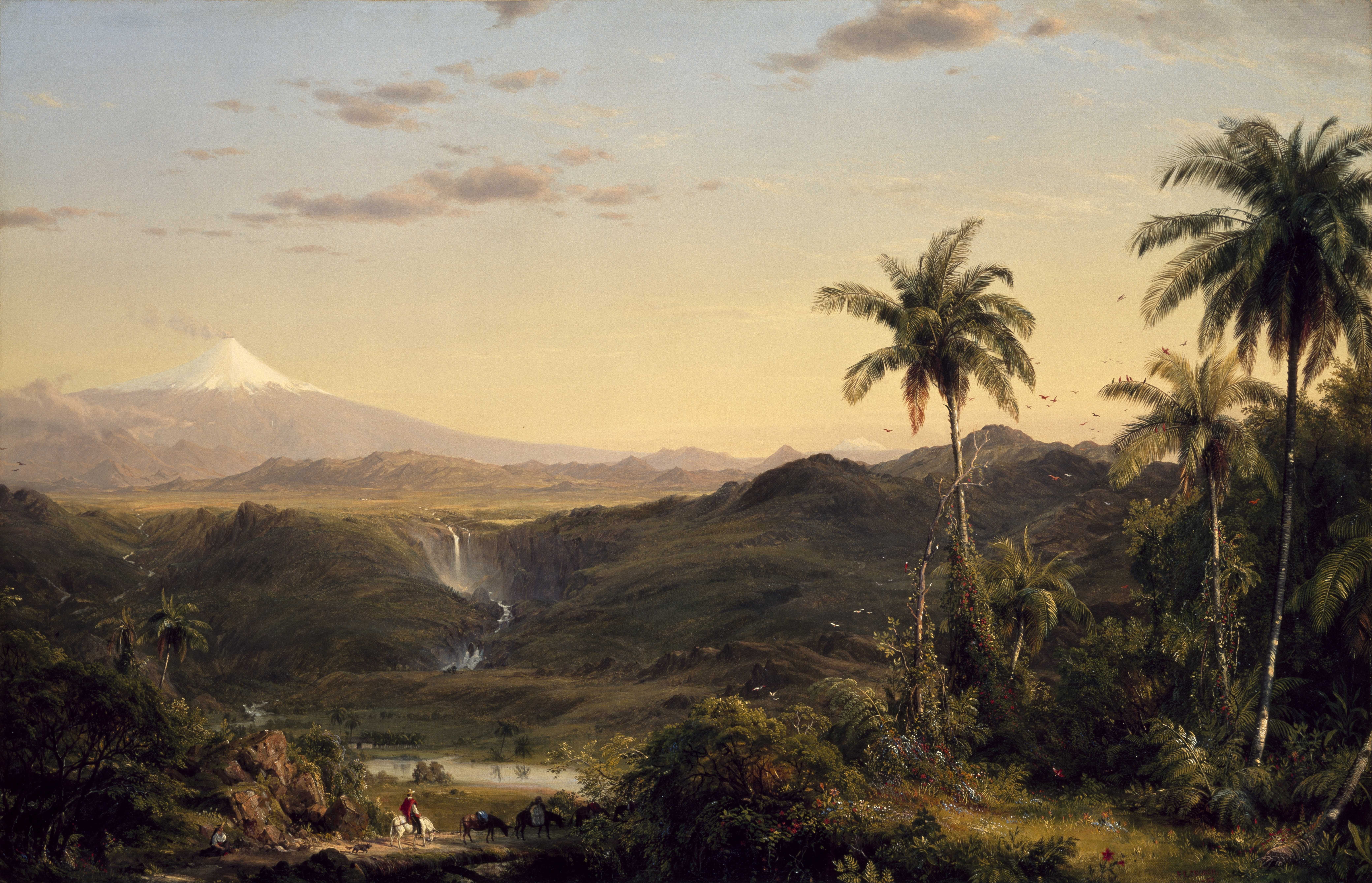classic art, landscape, traditional art, painting, palm trees, Frederic Edwin Church, waterfall, 8K, HD Wallpaper