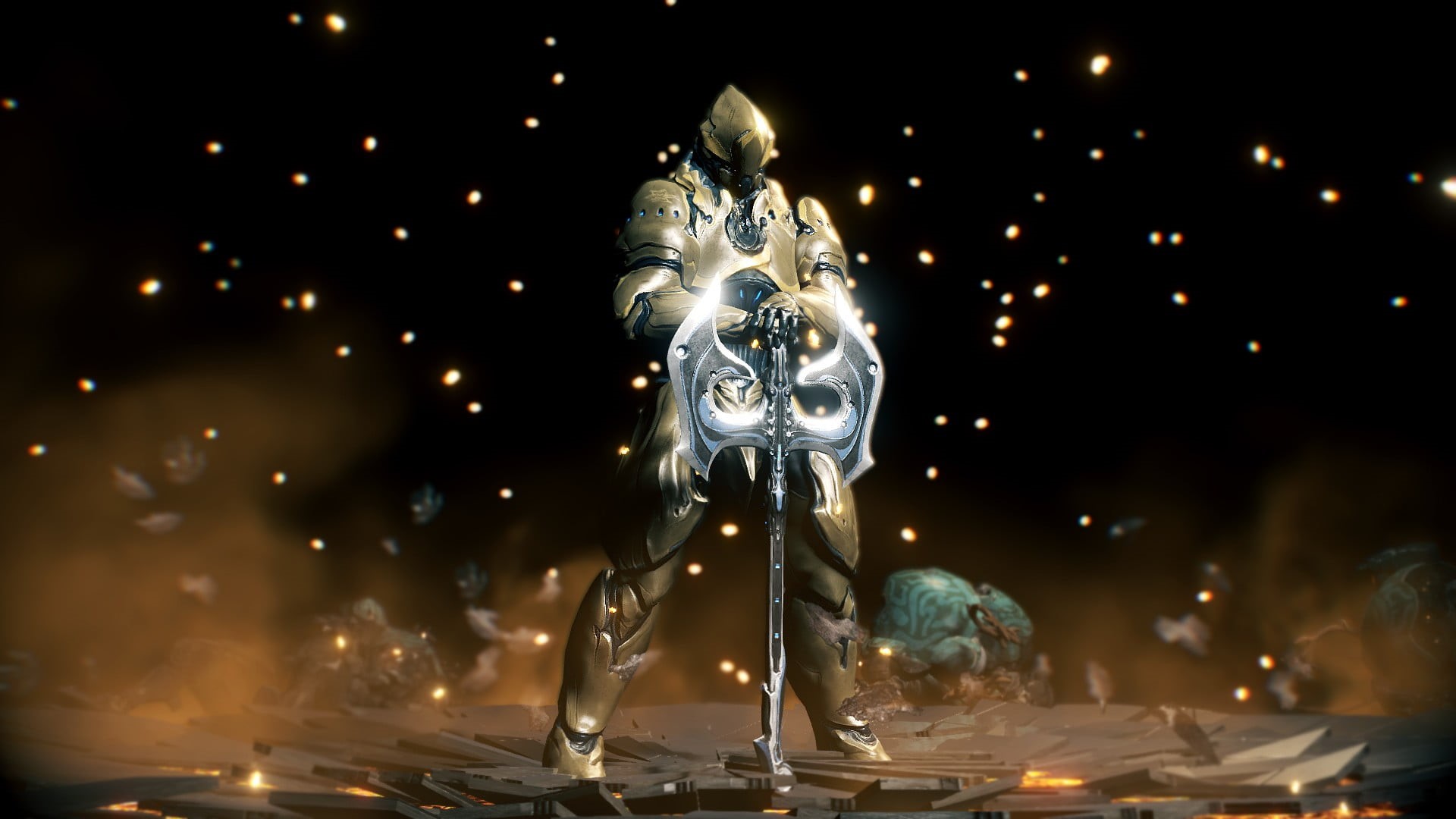 close-up, Warframe, Grineer (Warframe), celebration, illuminated, 1080P, brass, holiday, Rhino (Warframe), male likeness, night, sculpture, HD Wallpaper