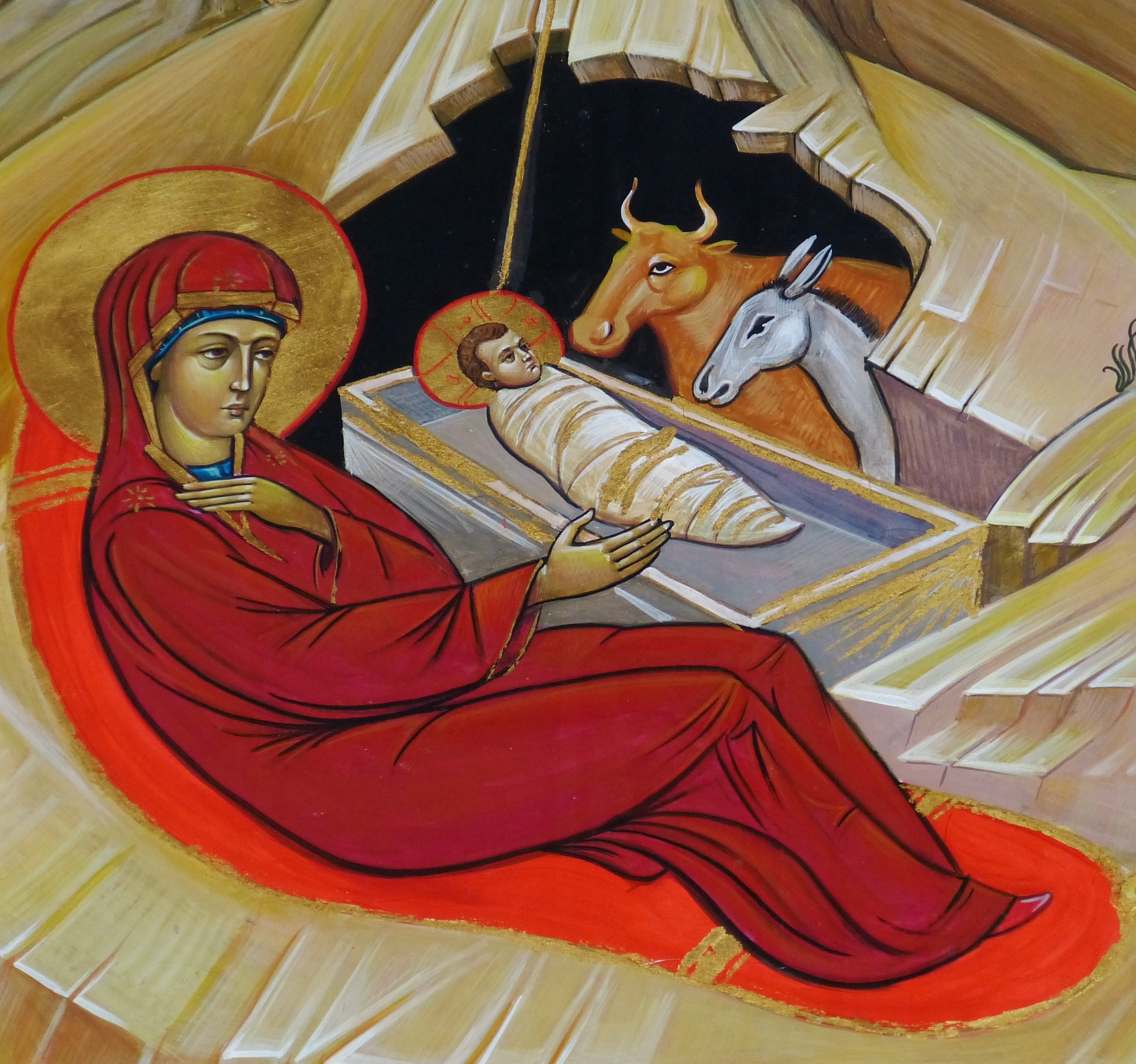donkey, nativity scene, Icon, mural, belief, 2K, human representation, creativity, jesus, representation, art and craft, no people, christmas, craft, Russia, HD Wallpaper