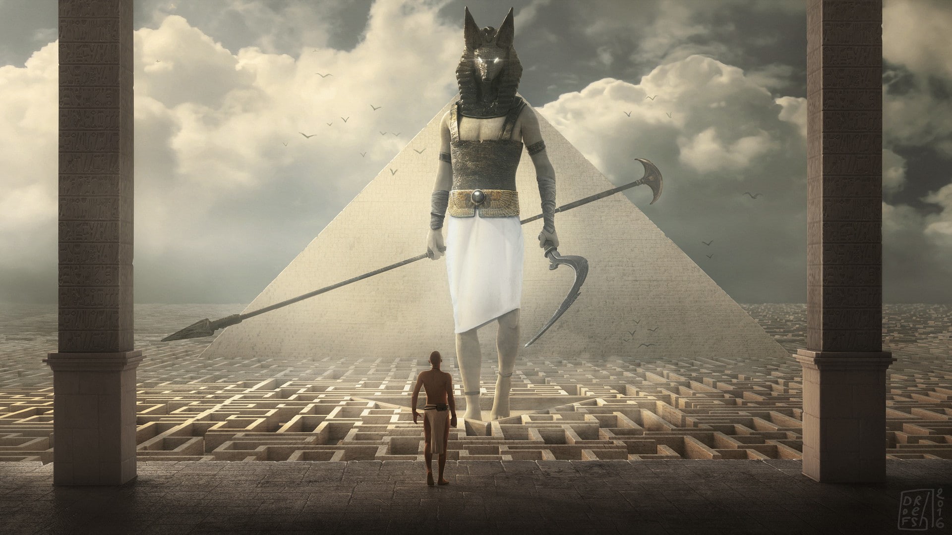 art, art and craft, illustration, pyramid, cloud - sky, one person, egypt, built structure, nature, standing, fantasy, anubis, sky, architecture, outdoors, HD Wallpaper