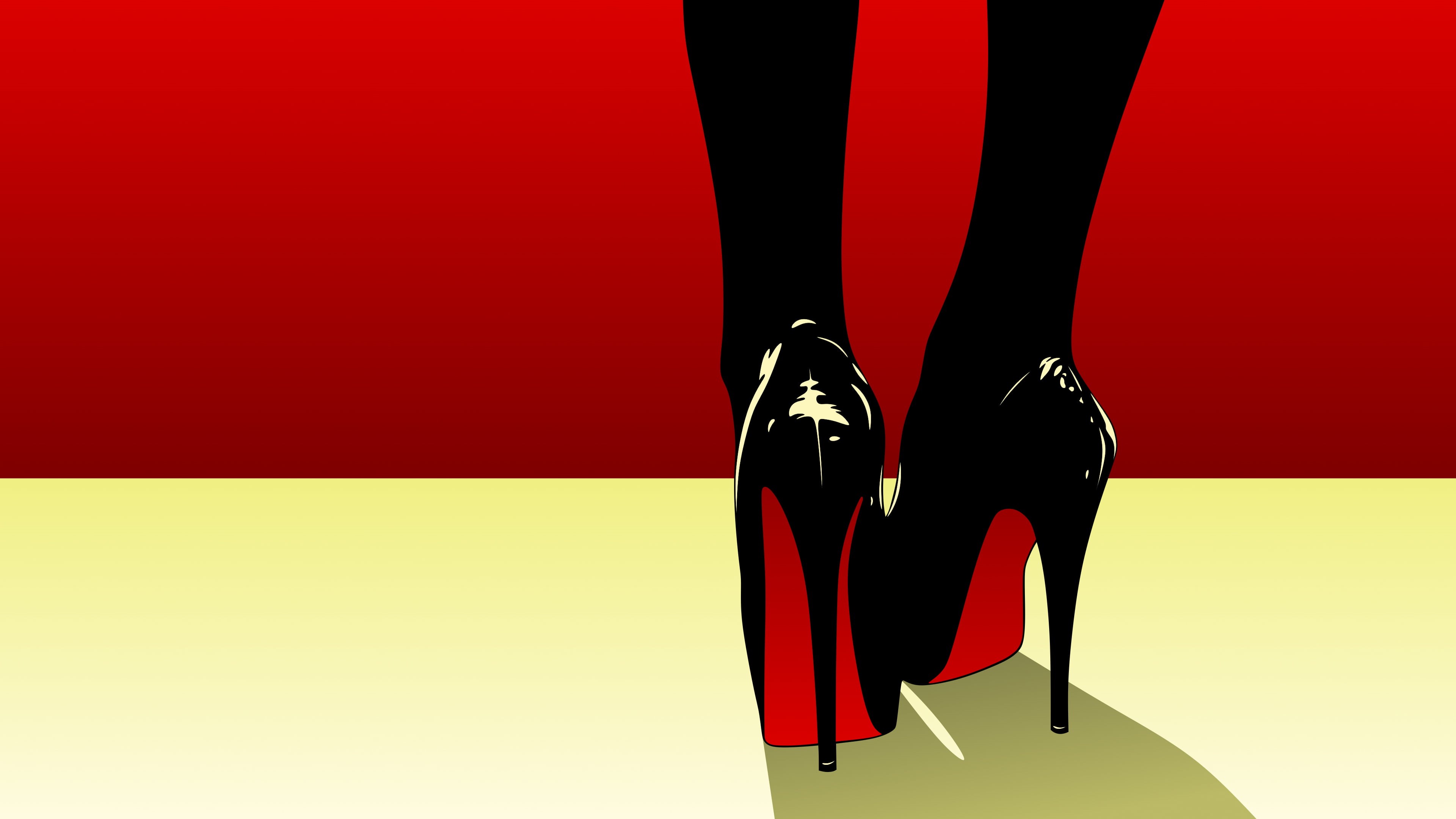 red, 4K, arts culture and entertainment, indoors, human foot, yellow, vector, stiletto, people, shoes, body part, Louboutin, feet, black color, human leg, HD Wallpaper