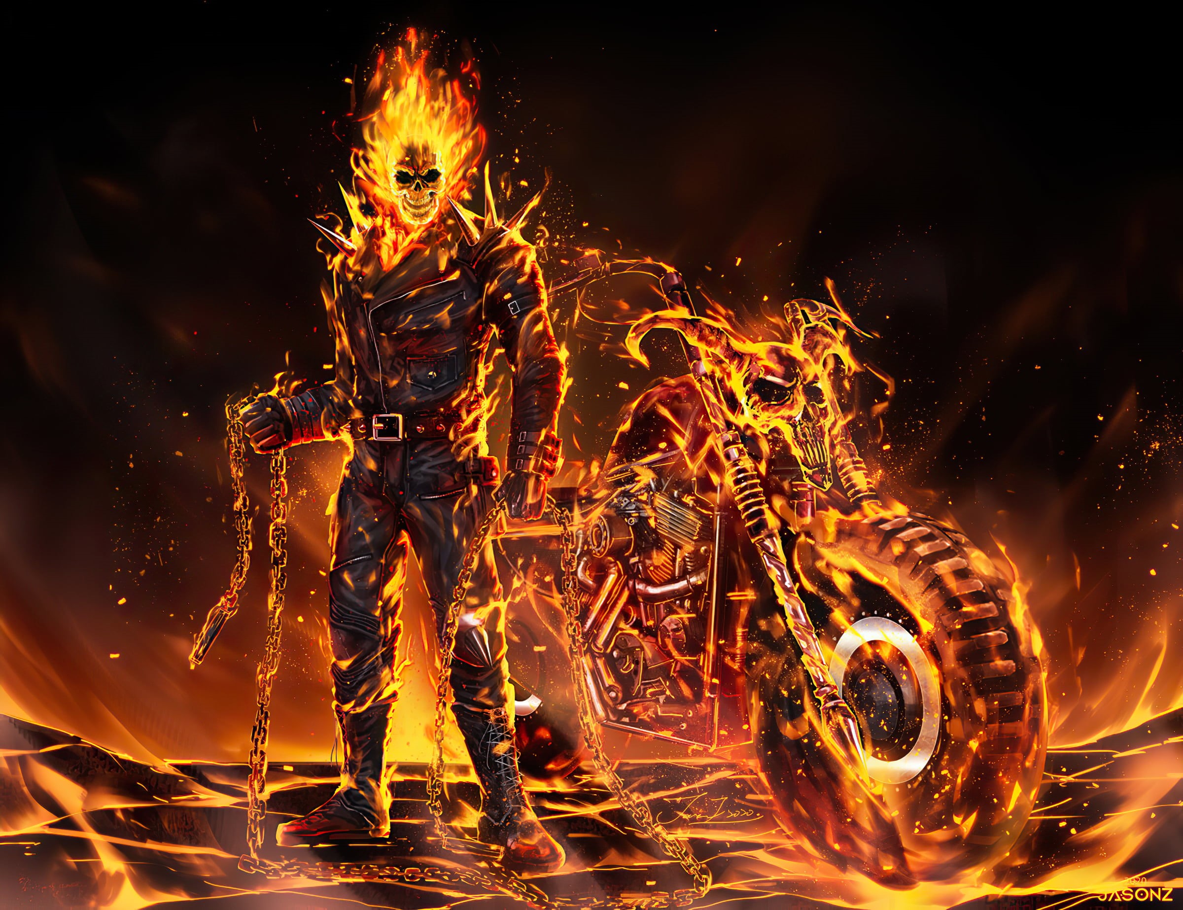 fan art, Harley Davidson, Ghost Rider, black jackets, fire, artwork, digital painting, digital art, 1080P, Skull Face, HD Wallpaper