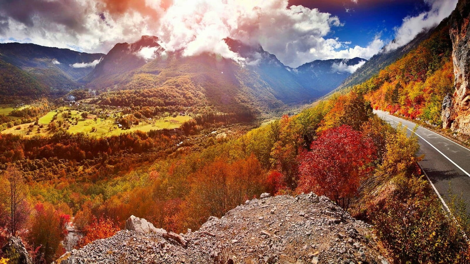landscape, non-urban scene, red, outdoors, tranquil scene, valley, environment, mountain range, colorful, clouds, sky, mountains, road, nature, scenics - nature, HD Wallpaper