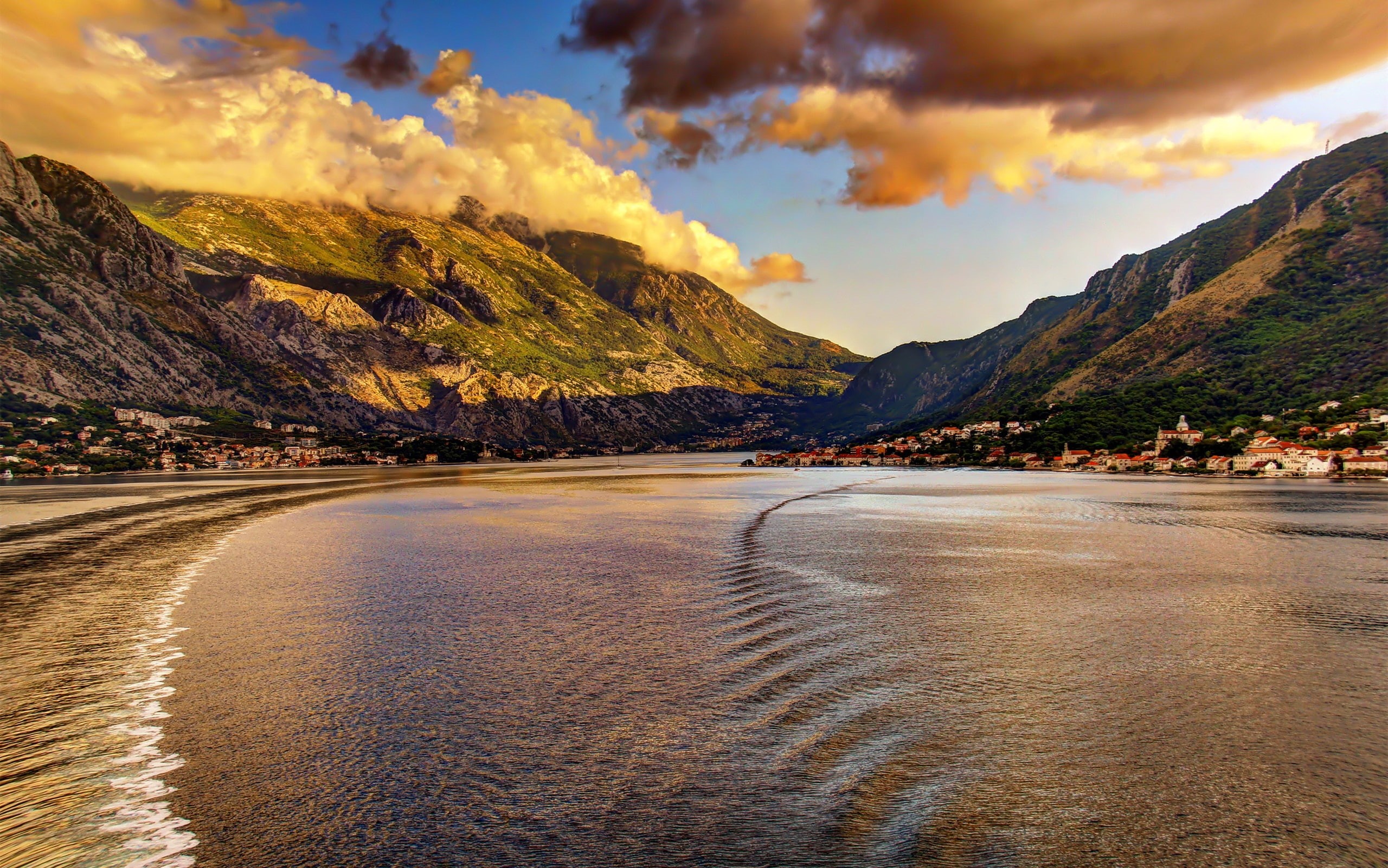 2K, Dusk, Mountains, Montenegro, mountain, sea, City, Coast, brown, Clouds, HD Wallpaper