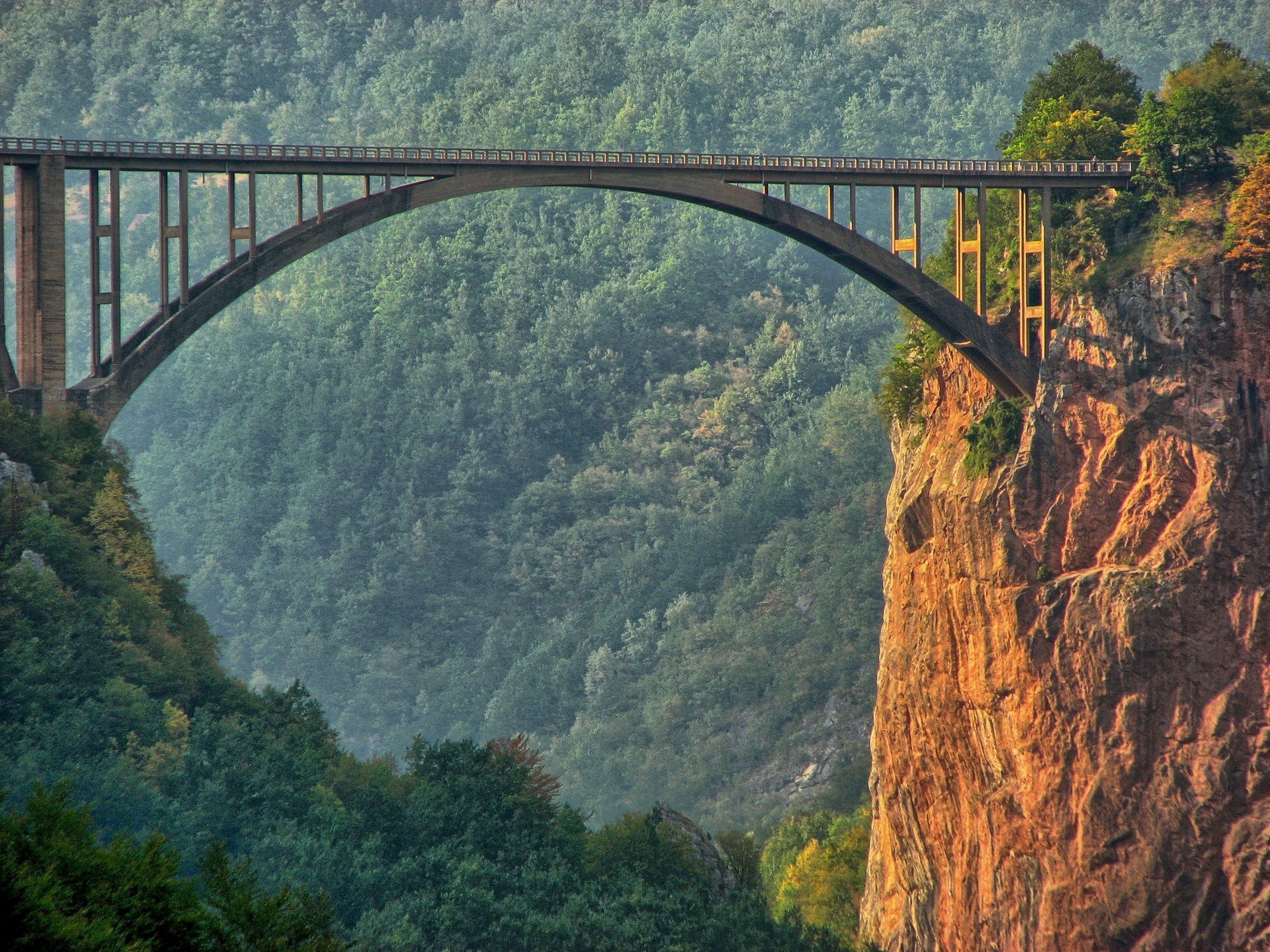 beauty in nature, scenics - nature, view, 2K, mountain, river, trees, built structure, arch, bridge, tara, rock, sunset, bridge - man made structure, transportation, HD Wallpaper