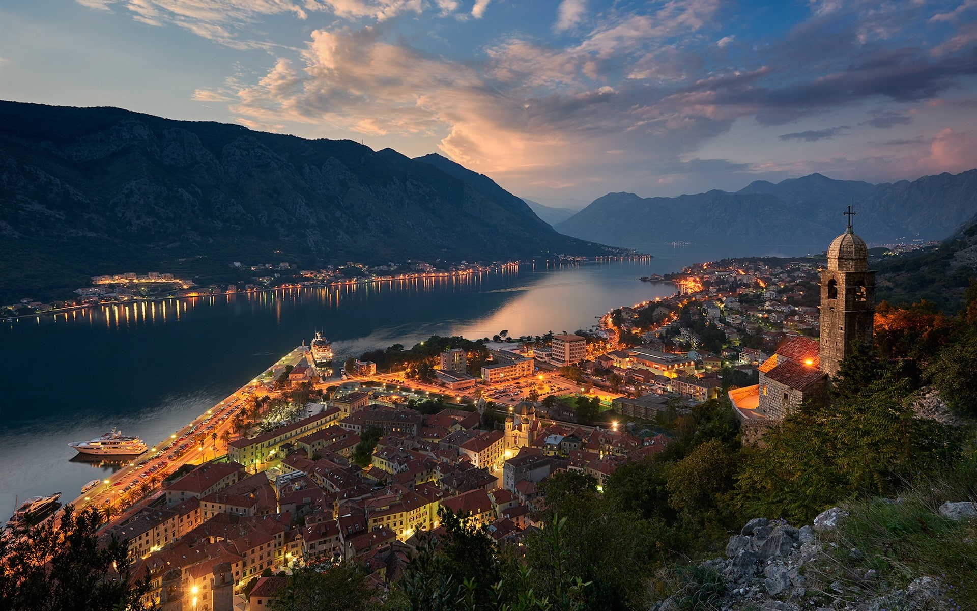 Mountains, 1080P, Houses, Bay, City, Evening, Lights, Montenegro, HD Wallpaper