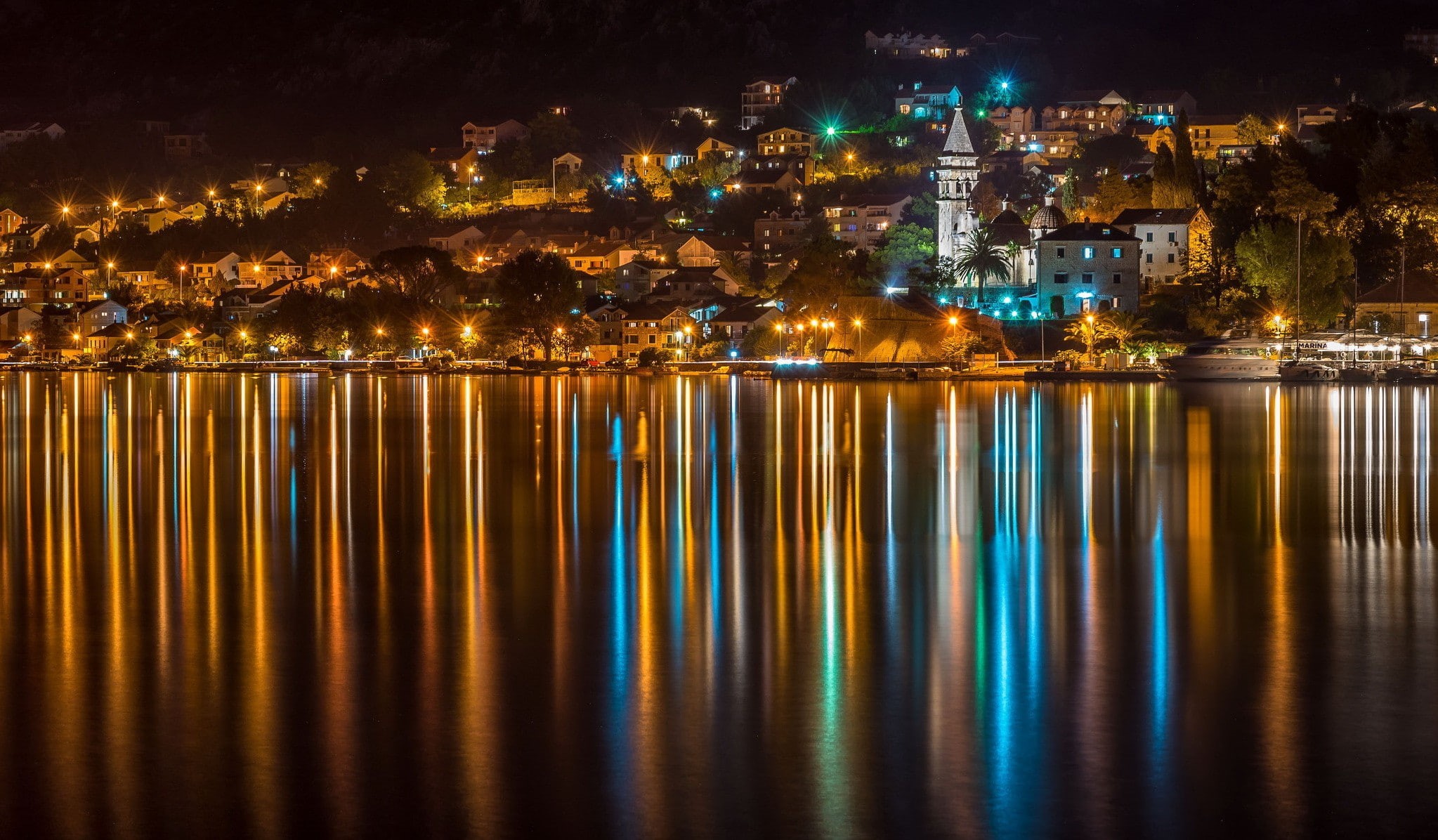 outdoors, city, waterfront, lights, built structure, building exterior, building, nature, illuminated, reflection, glowing, trees, yachts, Montenegro, no people, HD Wallpaper