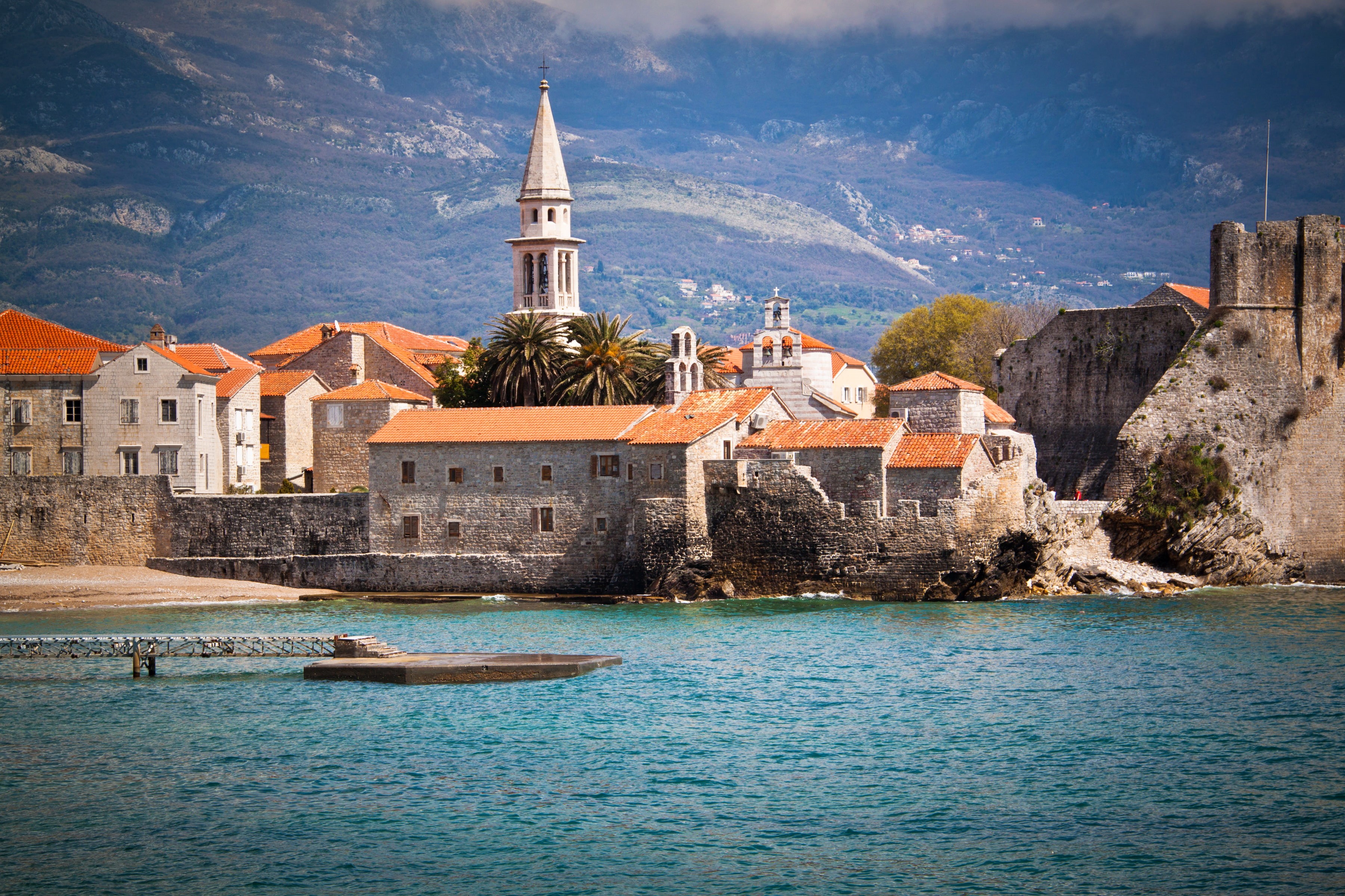 landscape, home, 2K, Budva, Montenegro, mountains, pier, sea, shore, HD Wallpaper