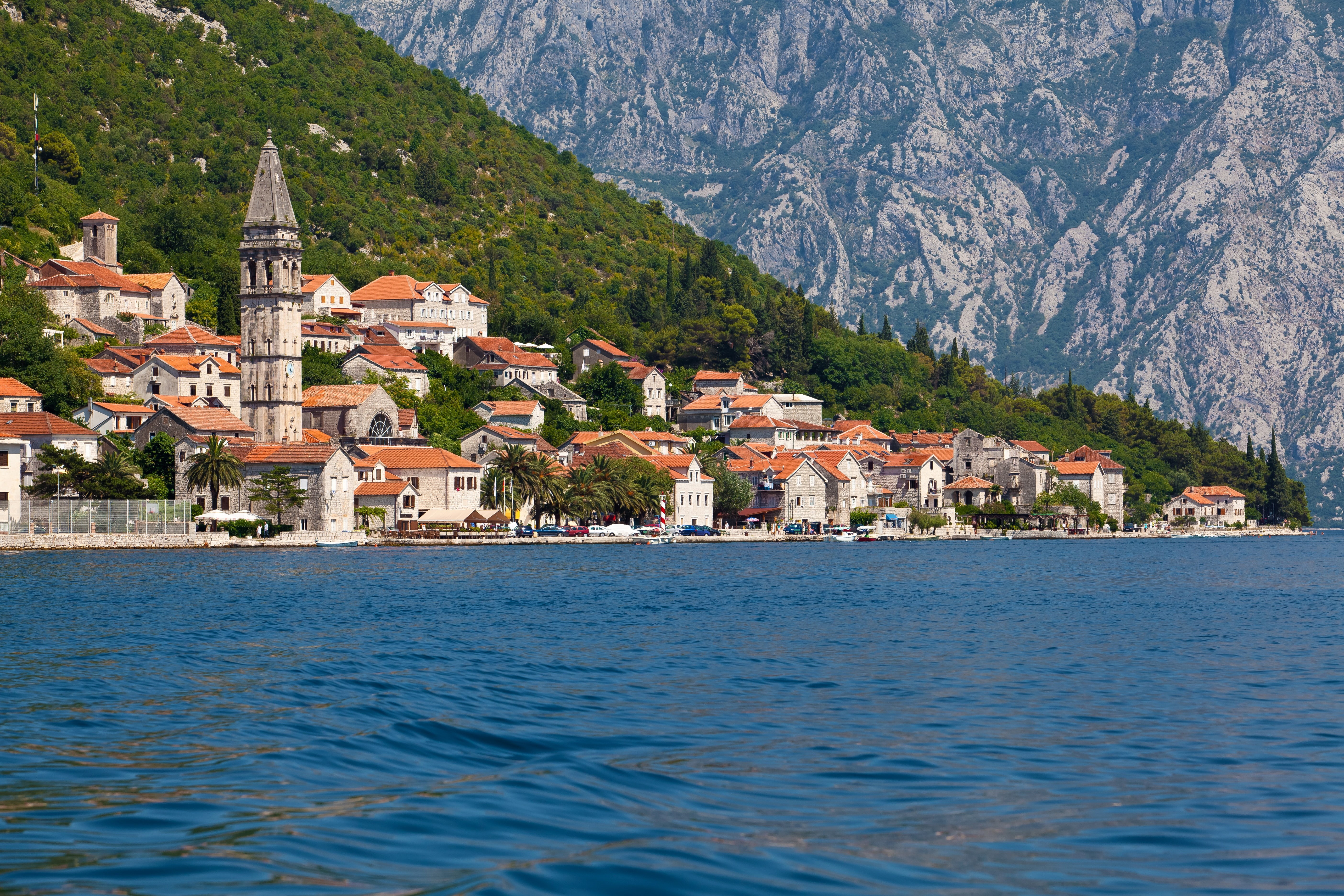 Perast, mountains, Bay, Sunny, shore, Montenegro, boats, trees, rocks, home, Kotor, 5K, HD Wallpaper